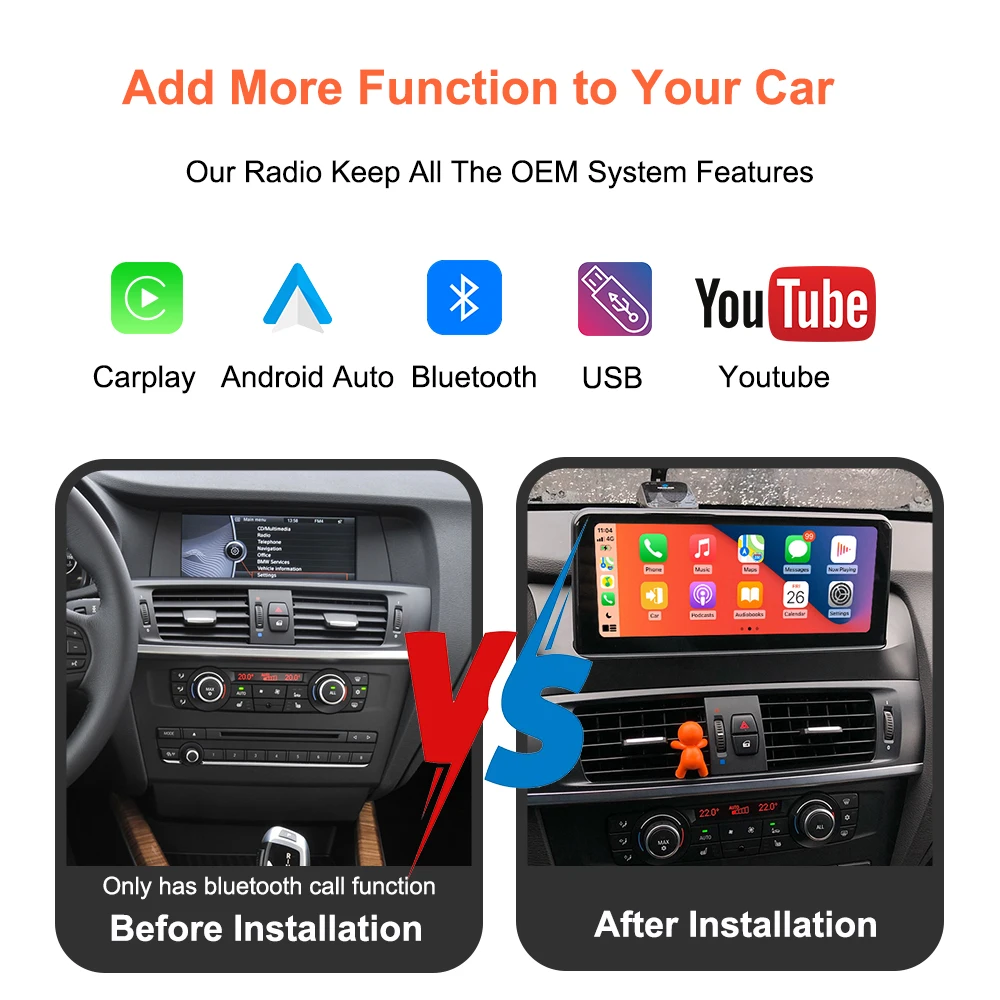 Linux multimedia touch screen without thread CarPlay Bonroad 10,25 inches for BMW X3 F25 X4 F26 2011-2017 CIC NBT Android Auto Mirror Link