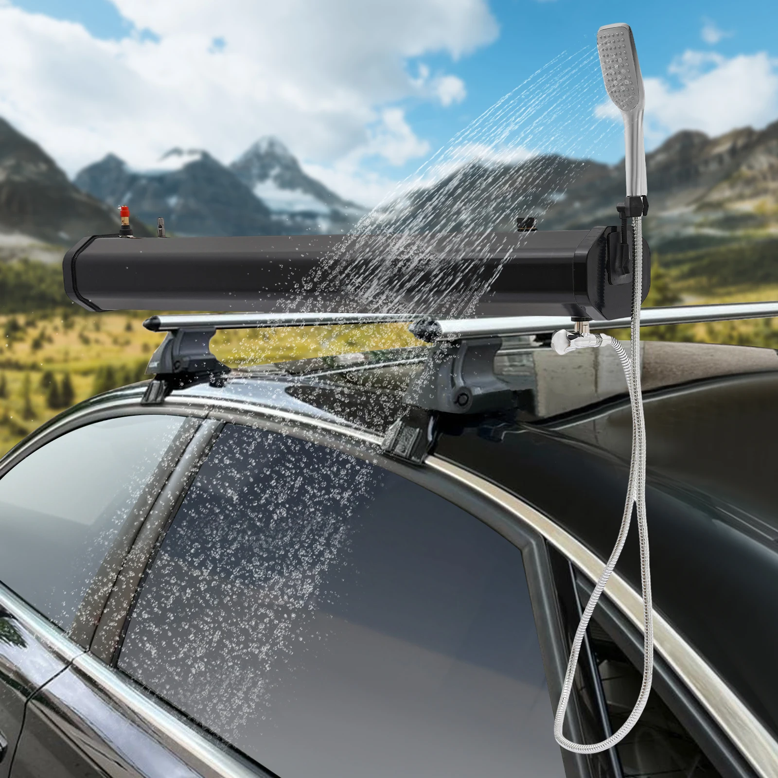 Portable Water Tank 18L 4.76Gal, Roof Rack Mount Road Shower with 1.6 Bar, Outdoor Camping Water Supply System for SUV RV Truck