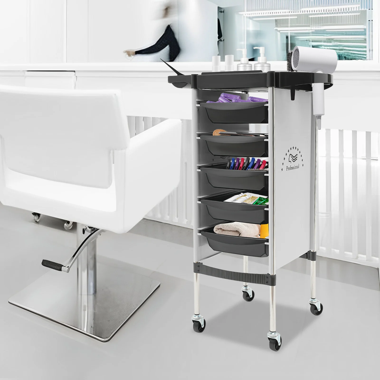 6-Tier Drawer-Type Multi-Functional Salon Trolley Salon Trolley Cart with Wheels, Hairdressing Shelf Rolling Storage Tray Cart