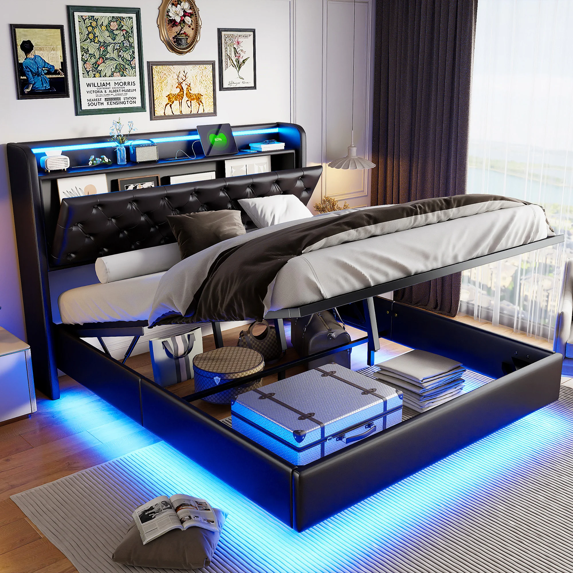 Anajqaqia 160×200cm Hydraulic Bed with LED Light Strip and USB Charging Port, Upholstered Double Bed, with Storage Headboard