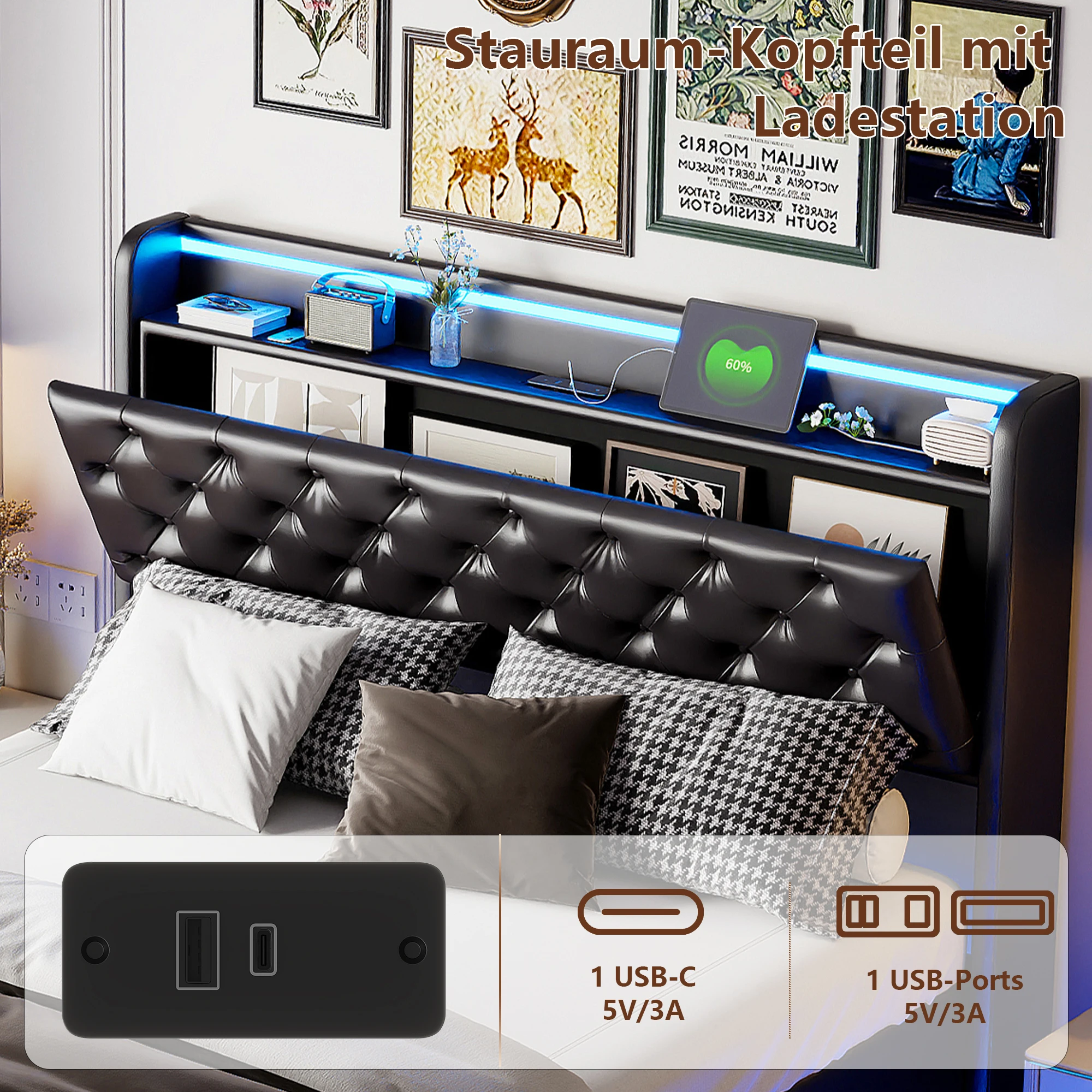 Anajqaqia 160×200cm Hydraulic Bed with LED Light Strip and USB Charging Port, Upholstered Double Bed, with Storage Headboard