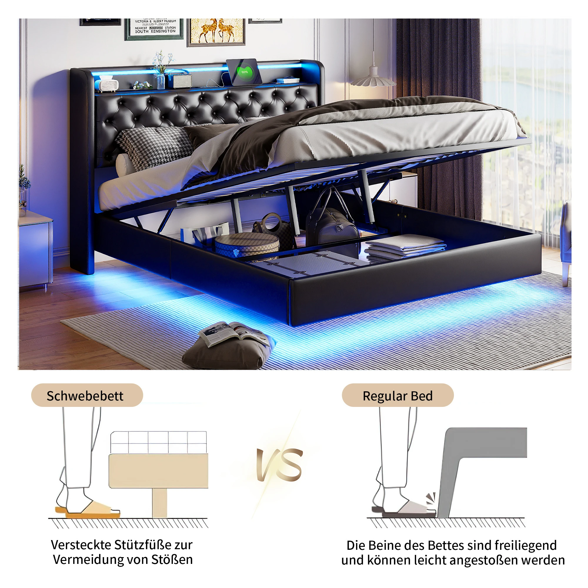 Anajqaqia 160×200cm Hydraulic Bed with LED Light Strip and USB Charging Port, Upholstered Double Bed, with Storage Headboard
