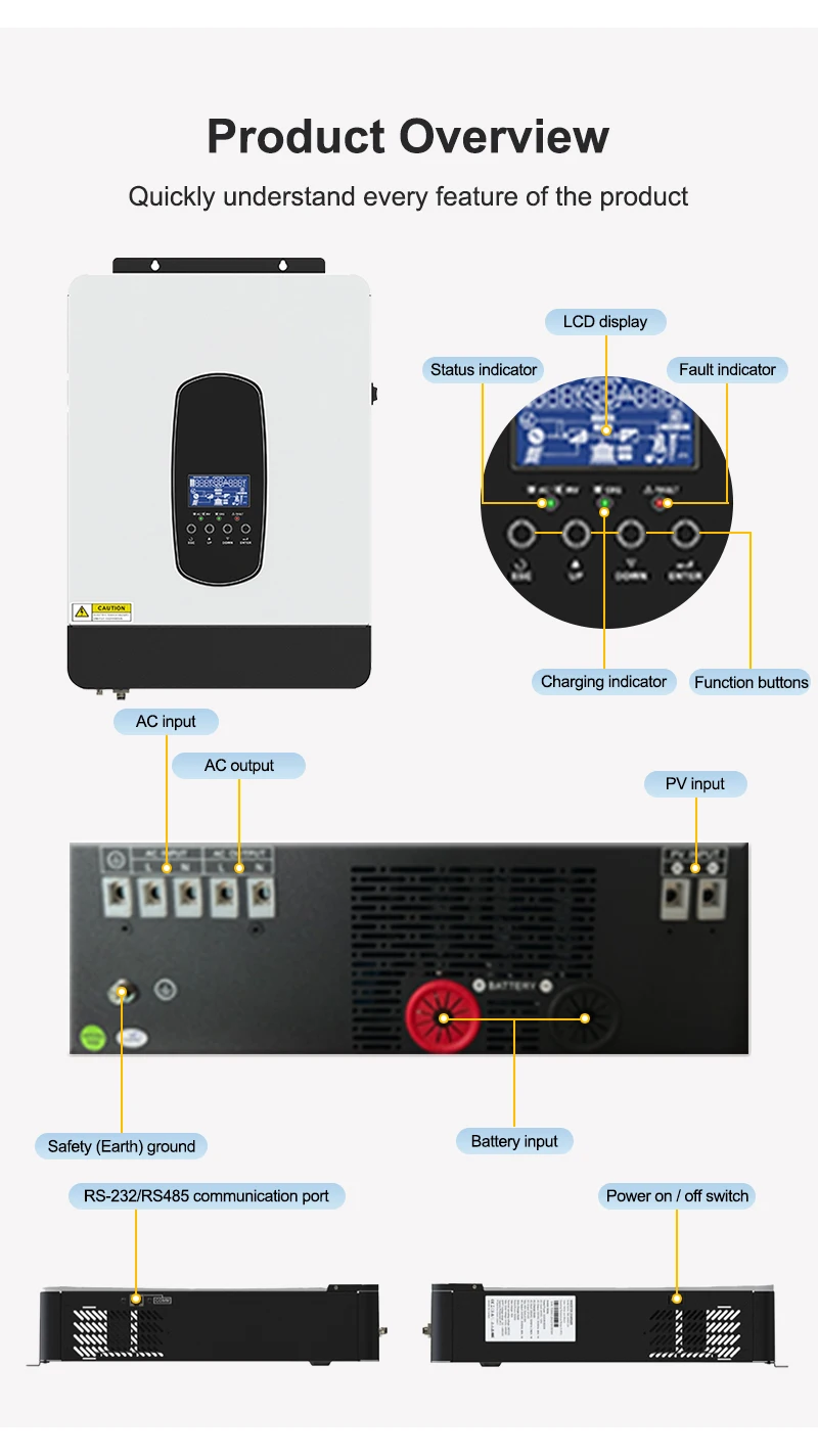 4KW 24V 100A Hybrid Solar Inverter 230VAC Off Grid Pure Sine Wave 500VDC 50/60Hz Solar Controller With WIFI Built-in BMS 