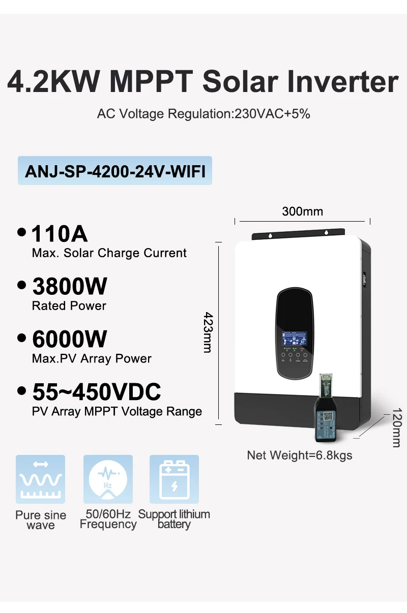 4KW 24V 100A Hybrid Solar Inverter 230VAC Off Grid Pure Sine Wave 500VDC 50/60Hz Solar Controller With WIFI Built-in BMS 