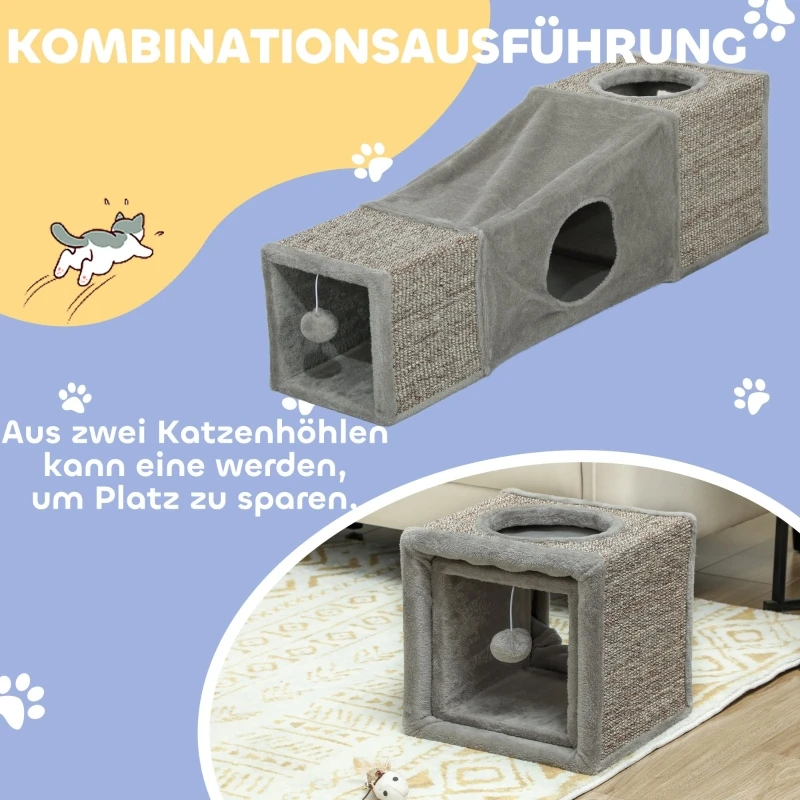 Cat tunnel, cat toy with play ball, cat cave, foldable sisal play tunnel, combined design, brown+grey, 98 x 30 x 30 cm