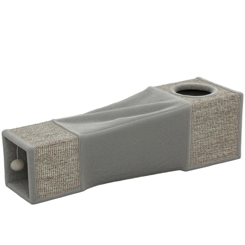 Cat tunnel, cat toy with play ball, cat cave, foldable sisal play tunnel, combined design, brown+grey, 98 x 30 x 30 cm