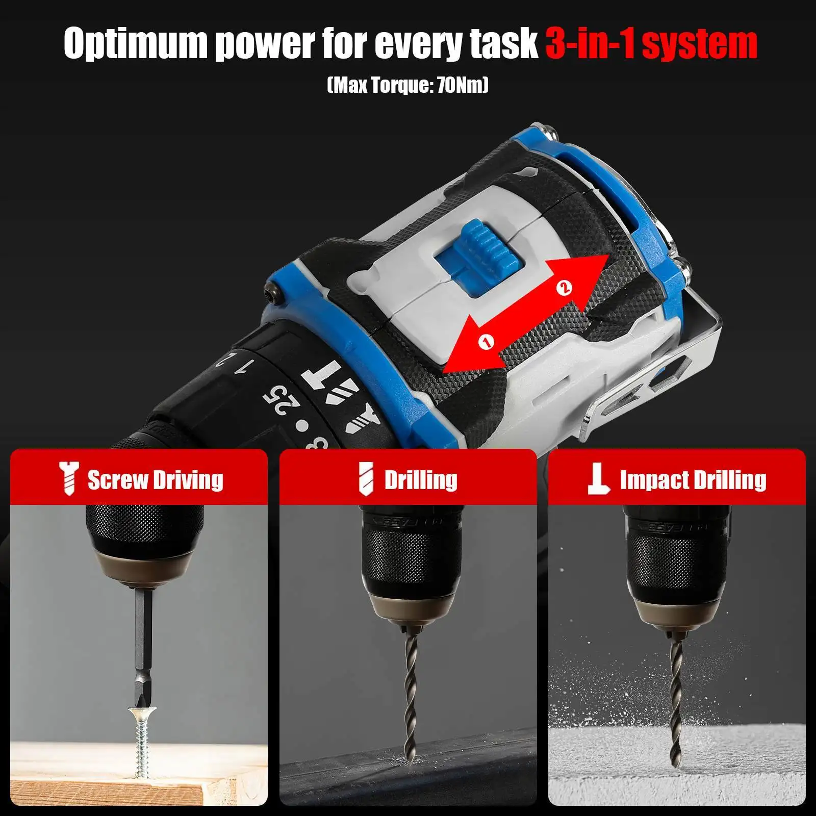 Cordless Impact Screwdriver Handheld Drill Power Tool 25+1 Torque Setting 2 Gear Speed Electric Screwdriver With 2 Batteries