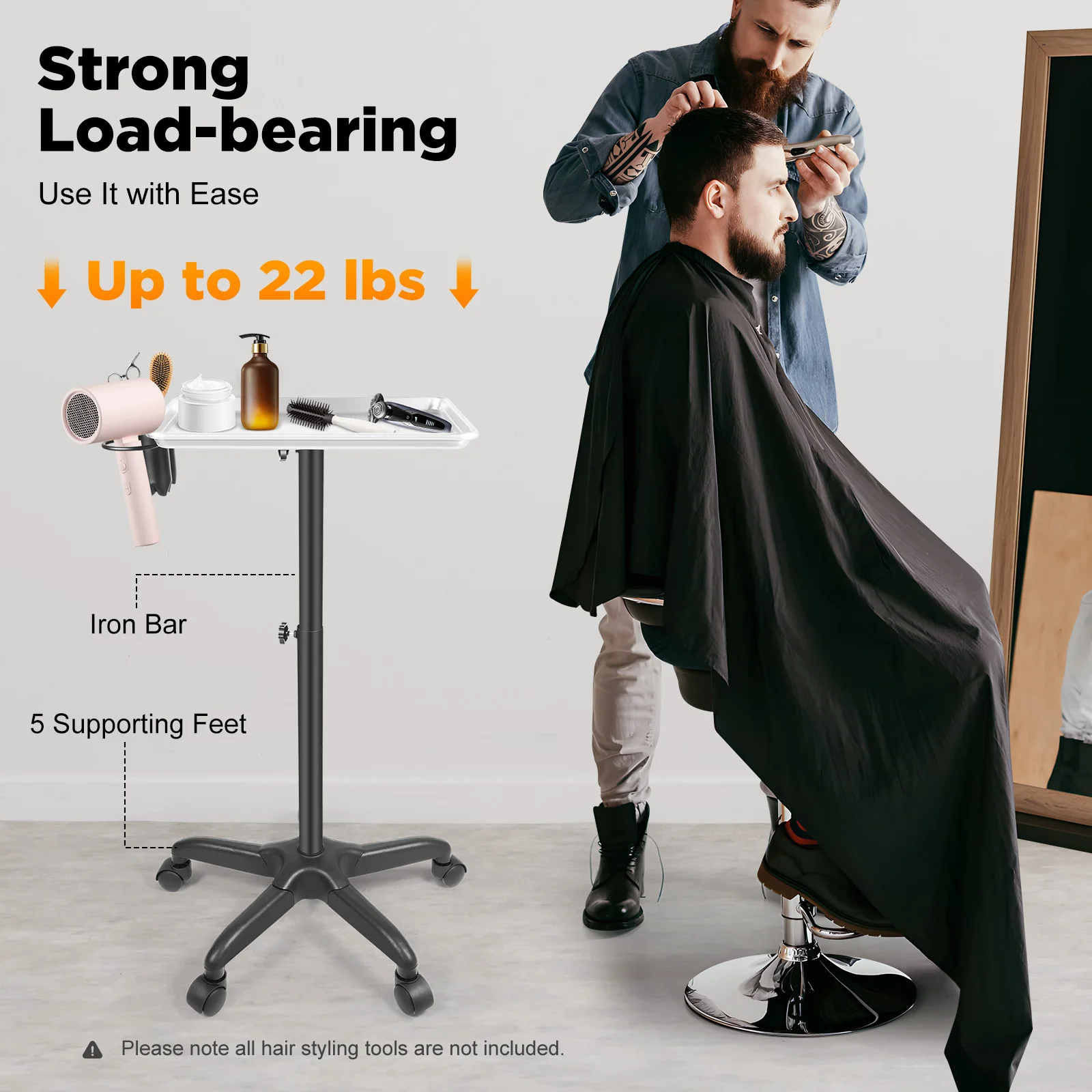 Aluminum Alloy Salon Rolling Tray Adjustable Height with 5 Universal Wheels for Hair Salons, Pet Stores