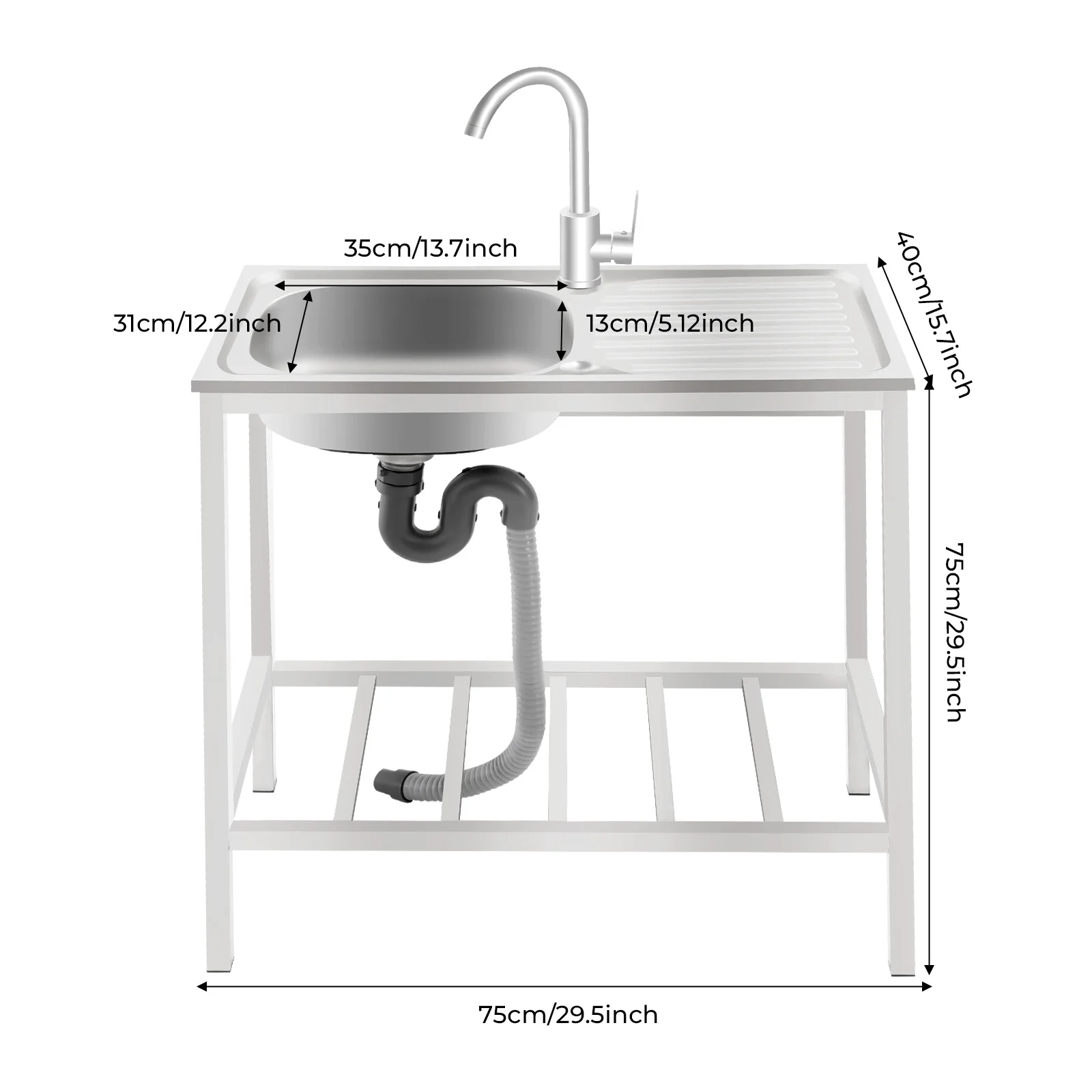 Freestanding Sink with Operation Countertop and Bottom Shelf Stainless Steel Kitchen Single Bowl Sink w/Faucet+Drainpipe 35*31cm