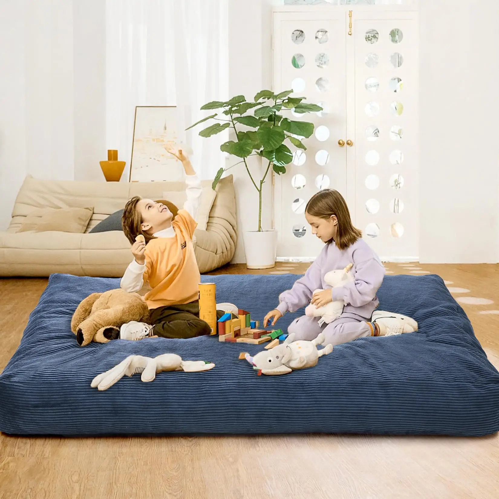 Giant Corduroy Bean Bag Chair Bed for Adults, 2-in-1 Convertible Floor Sofa to Mattress with Removable Washable Cover