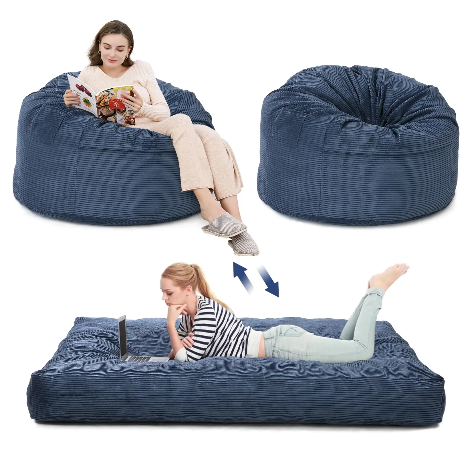 Giant Corduroy Bean Bag Chair Bed for Adults, 2-in-1 Convertible Floor Sofa to Mattress with Removable Washable Cover
