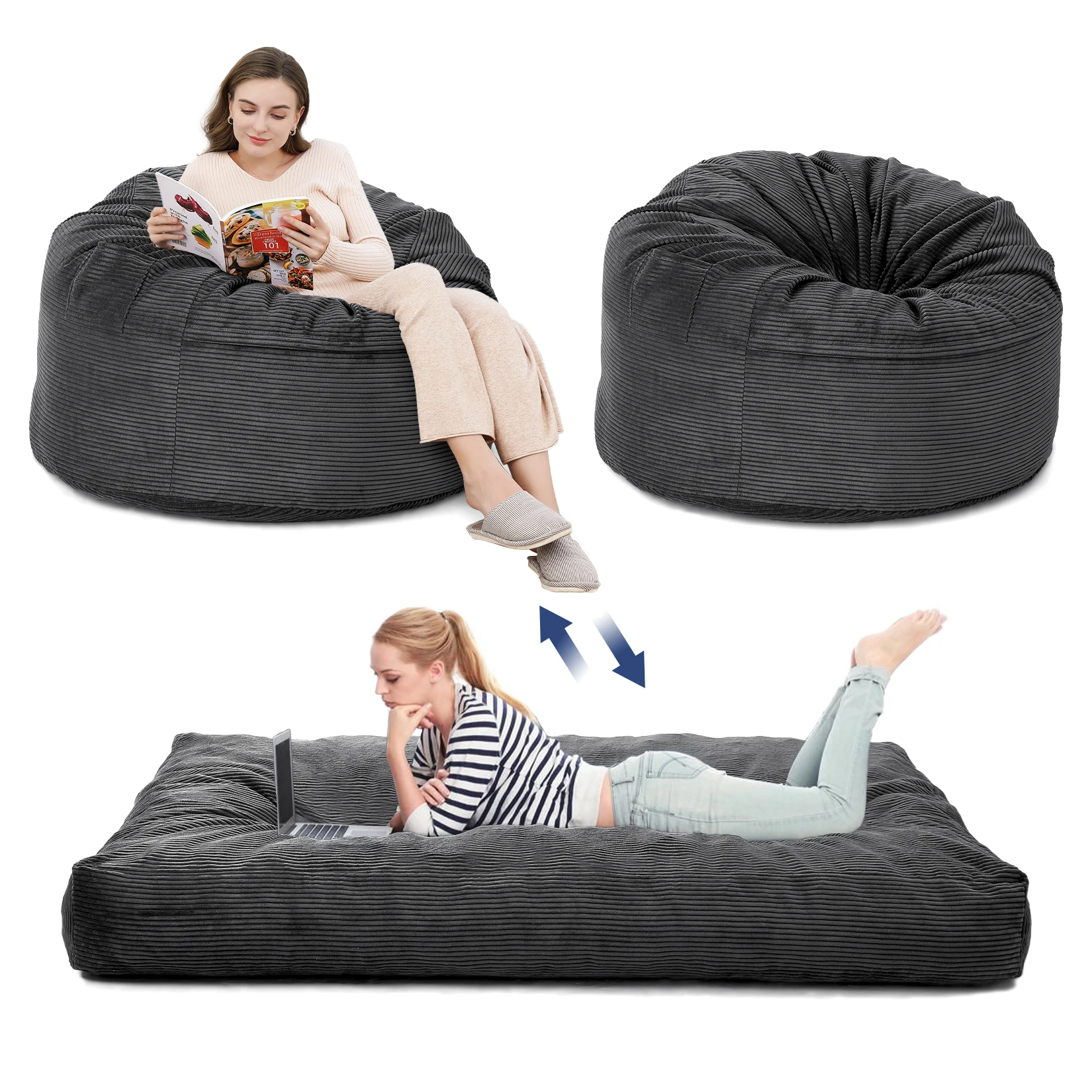 Giant Corduroy Bean Bag Chair Bed for Adults, 2-in-1 Convertible Floor Sofa to Mattress with Removable Washable Cover