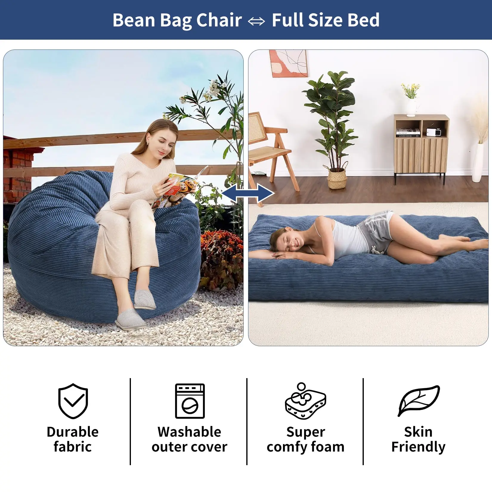 Giant Corduroy Bean Bag Chair Bed for Adults, 2-in-1 Convertible Floor Sofa to Mattress with Removable Washable Cover