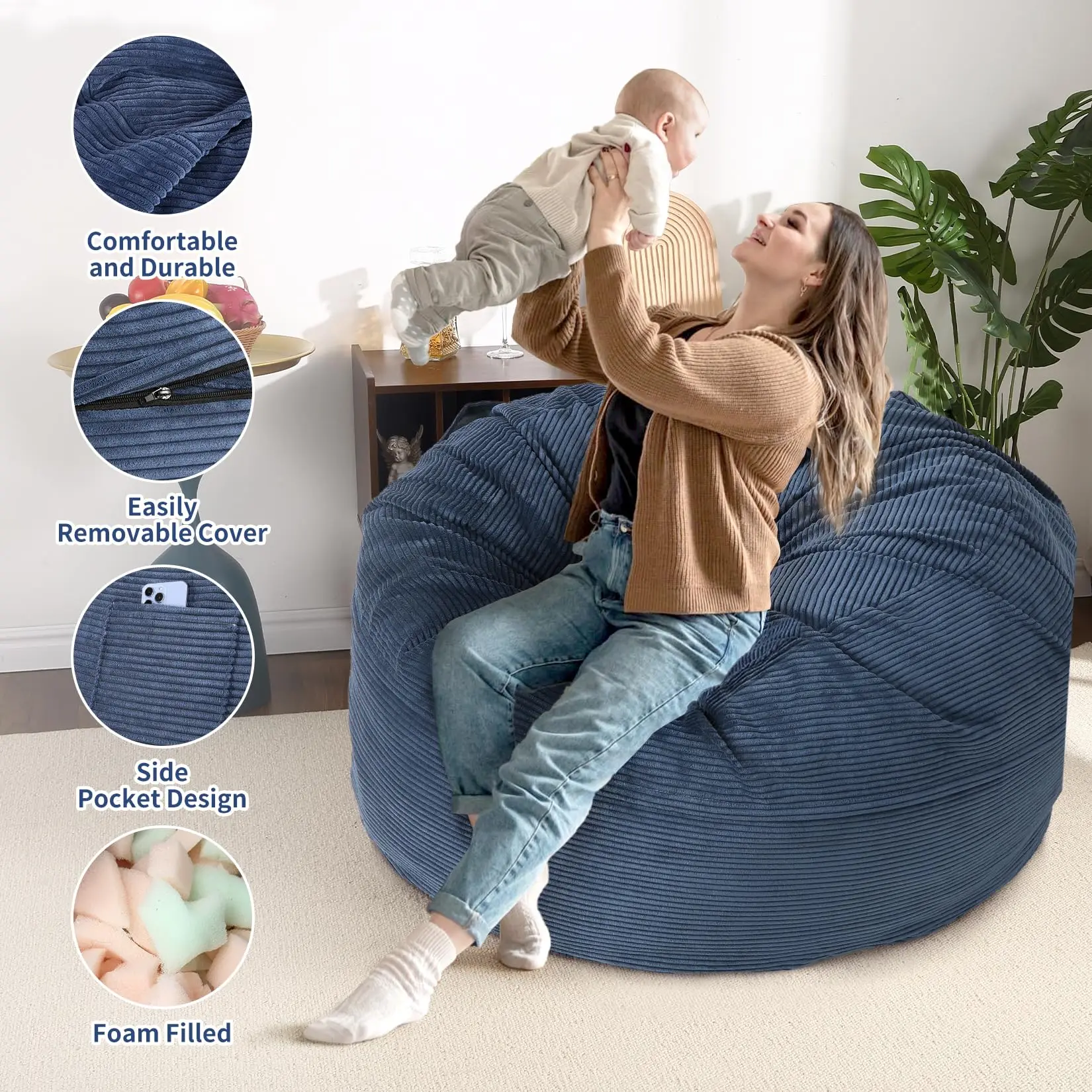 Giant Corduroy Bean Bag Chair Bed for Adults, 2-in-1 Convertible Floor Sofa to Mattress with Removable Washable Cover