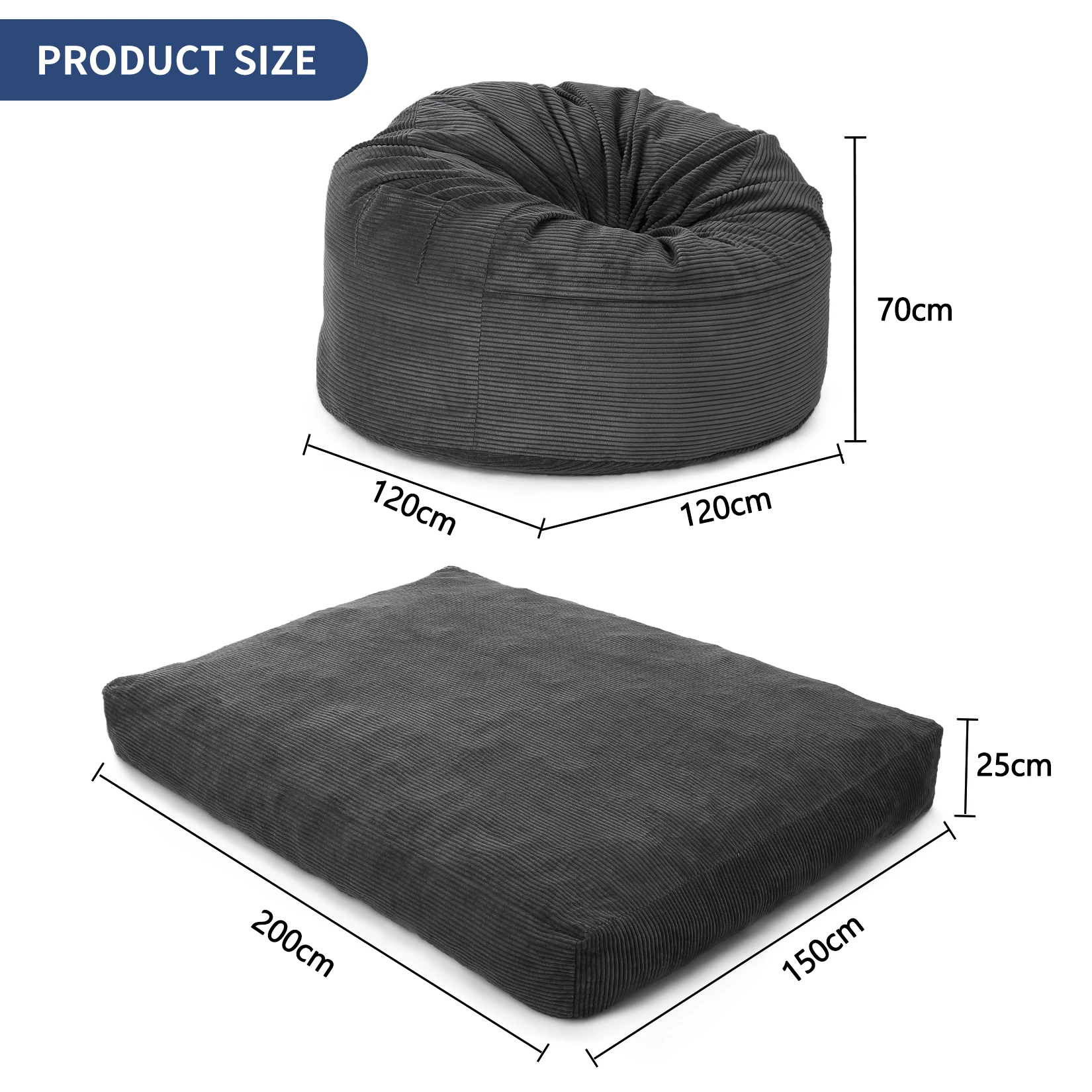 Giant Corduroy Bean Bag Chair Bed for Adults, 2-in-1 Convertible Floor Sofa to Mattress with Removable Washable Cover