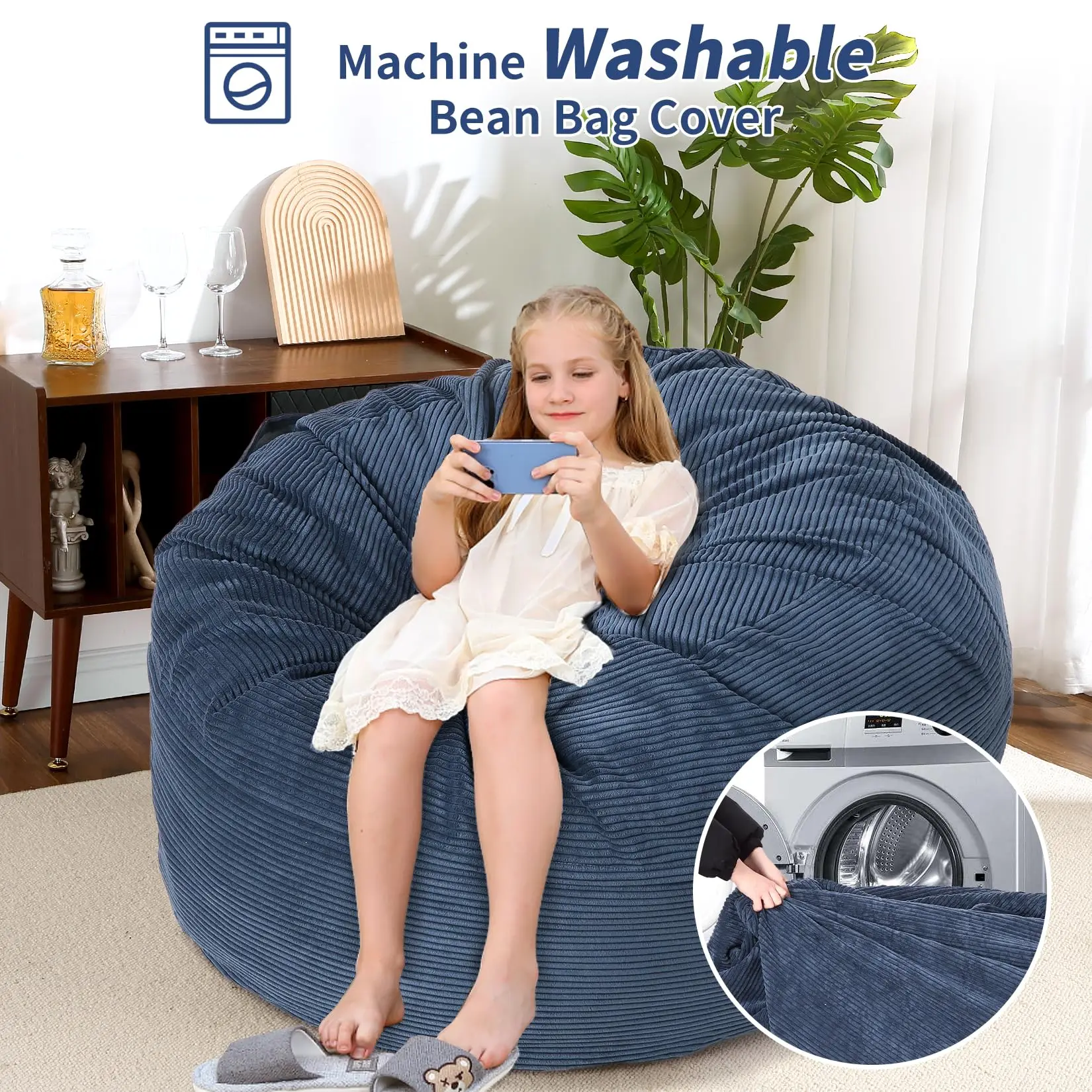 Giant Corduroy Bean Bag Chair Bed for Adults, 2-in-1 Convertible Floor Sofa to Mattress with Removable Washable Cover