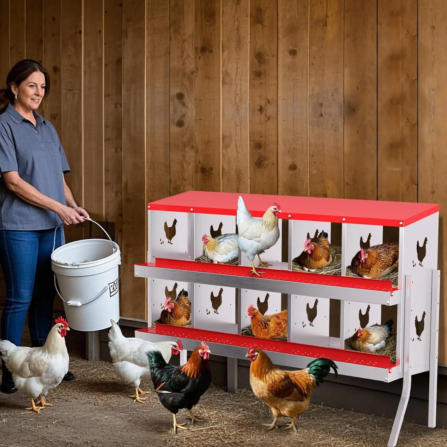 Chicken Nesting Box 10 Compartment Metal Nesting Box 10 Room Wall Mountable Nesting Boxes with Leg Galvanized Steel for Chicken