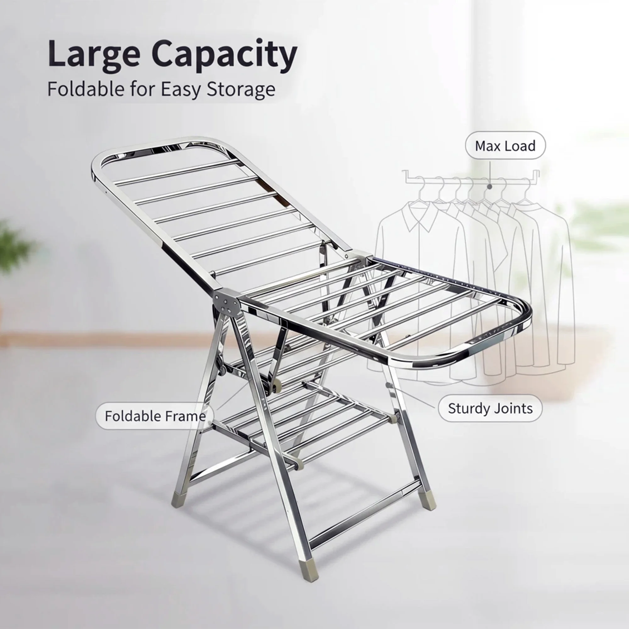 SAEIV Foldable stainless steel clothes rack with wings and shoe rack, height-adjustable, sturdy and durable, space-saving.