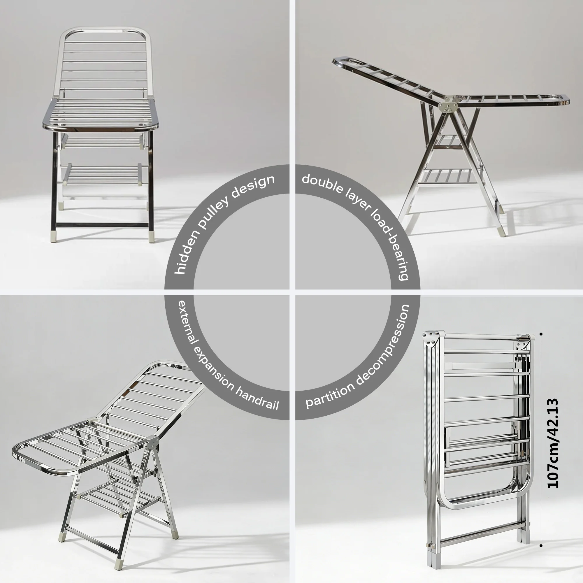 SAEIV Foldable stainless steel clothes rack with wings and shoe rack, height-adjustable, sturdy and durable, space-saving.