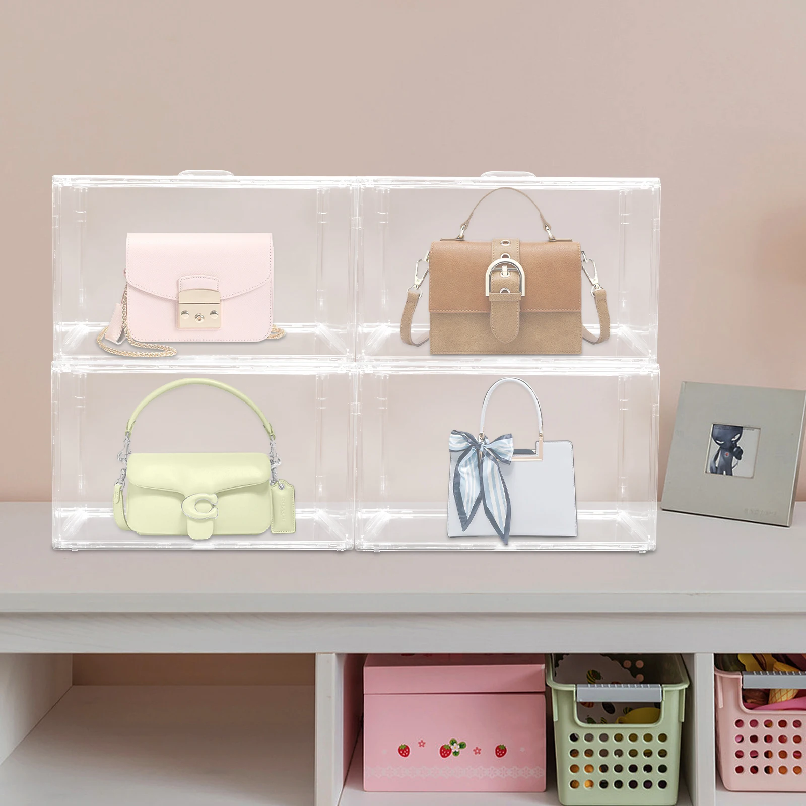 Modern 4Pcs Clear Handbag Storage Organizer PET Stackable Storage Display Boxes for Bedrooms, Walk-in Closets