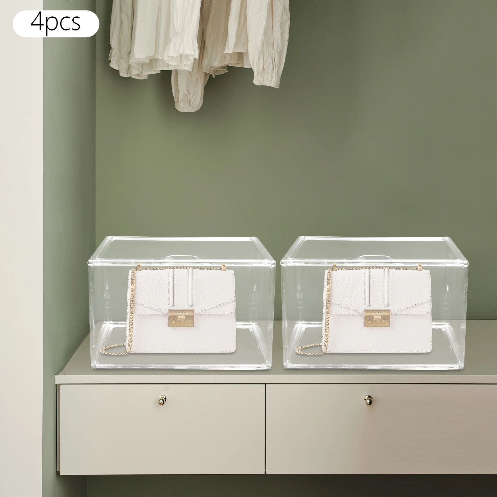 Modern 4Pcs Clear Handbag Storage Organizer PET Stackable Storage Display Boxes for Bedrooms, Walk-in Closets