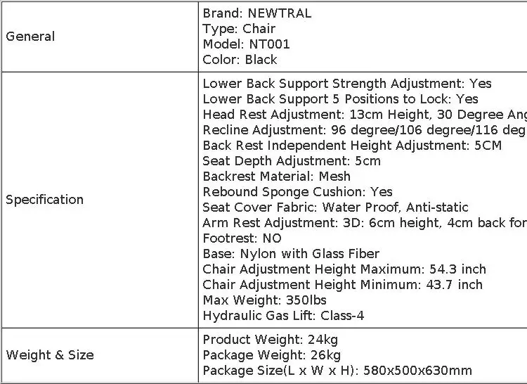NEWTRAL NT001 Ergonomic Office Chair with Auto-Following Lumbar Support, 3 Recline Angle, Adjustable Backrest Armrest Headrest