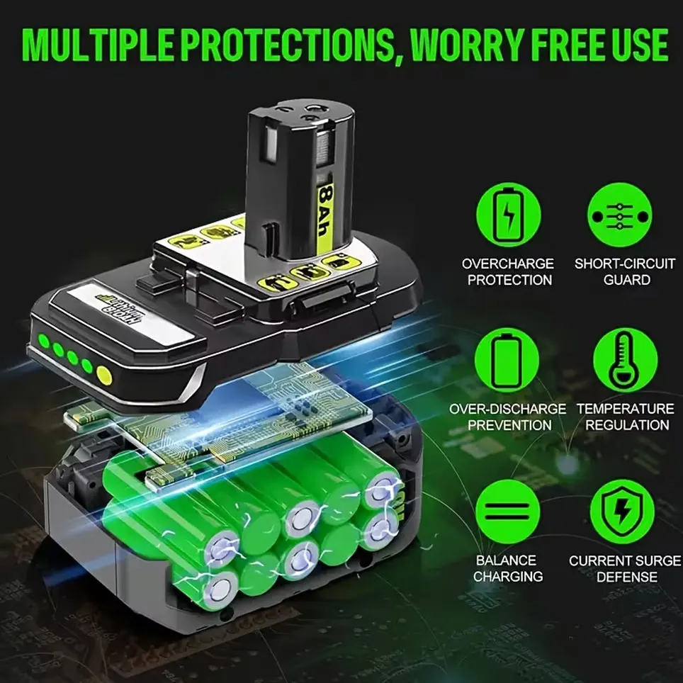 For Ryobi 18V 8.0AH lithium Battery 18V low self discharge, Suitable For all Tools 18V P104 P107 P108 RB18L50 RB18L20