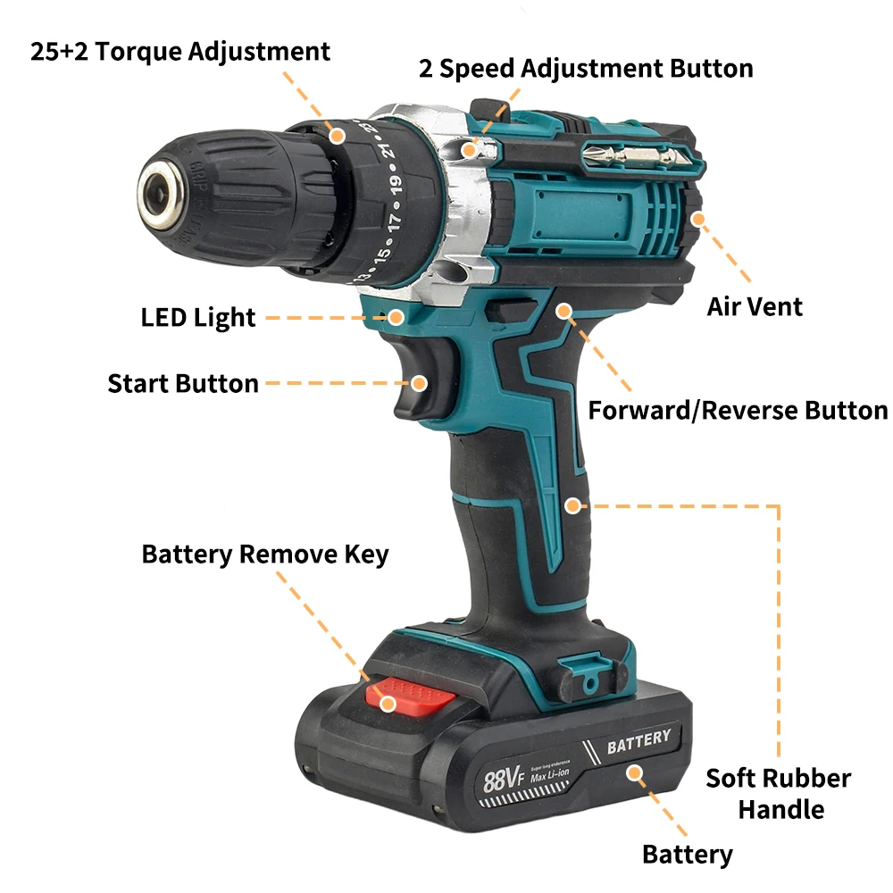 25+3 Torque Electric Impact Screwdriver Multifunctional Setting 2 Gear Speed Cordless Drill Electric Screwdriver with 2Batteries