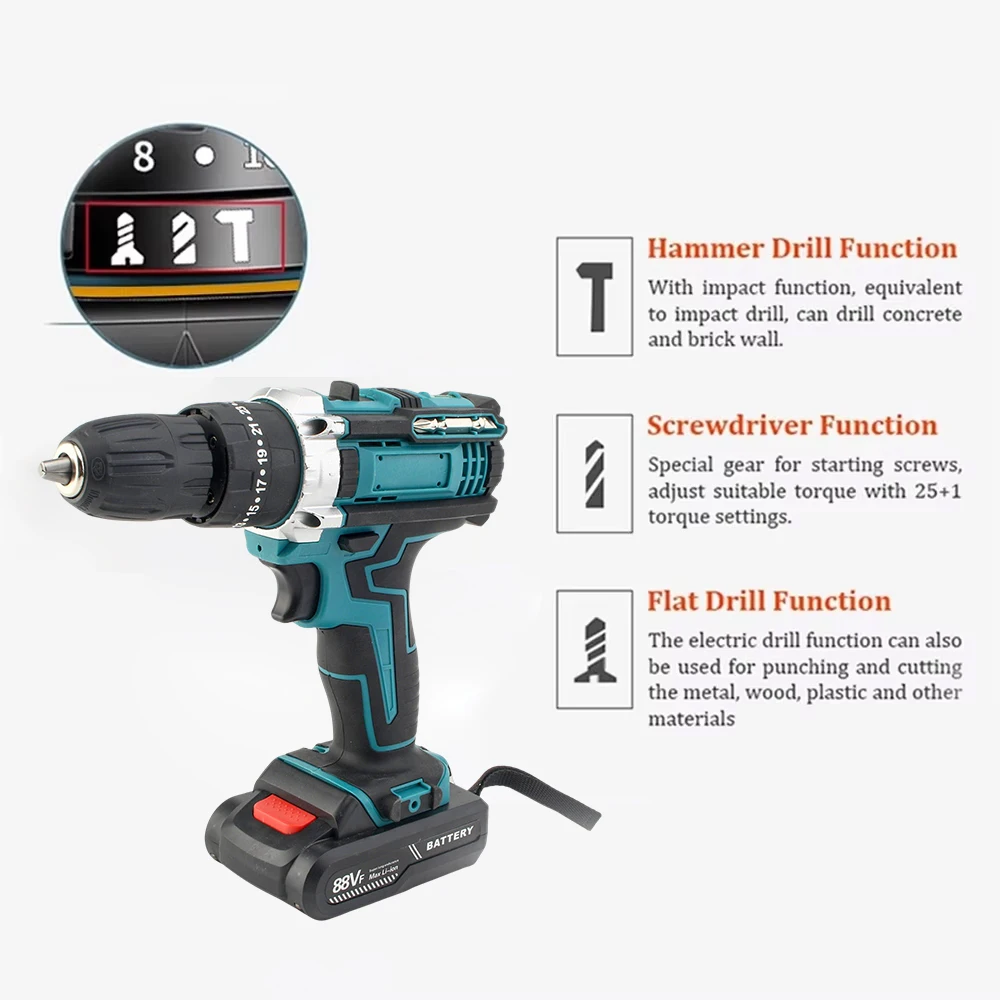 25+3 Torque Electric Impact Screwdriver Multifunctional Setting 2 Gear Speed Cordless Drill Electric Screwdriver with 2Batteries