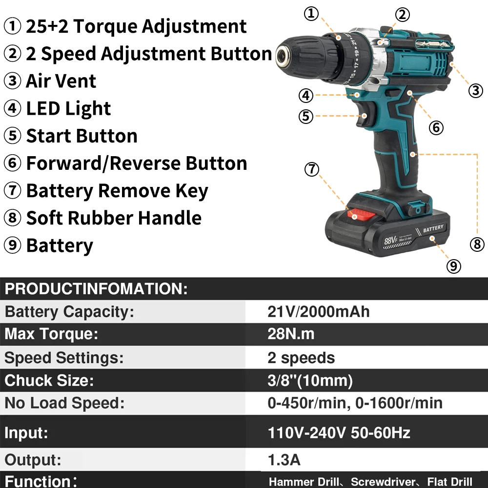 25+3 Torque Electric Impact Screwdriver Multifunctional Setting 2 Gear Speed Cordless Drill Electric Screwdriver with 2Batteries