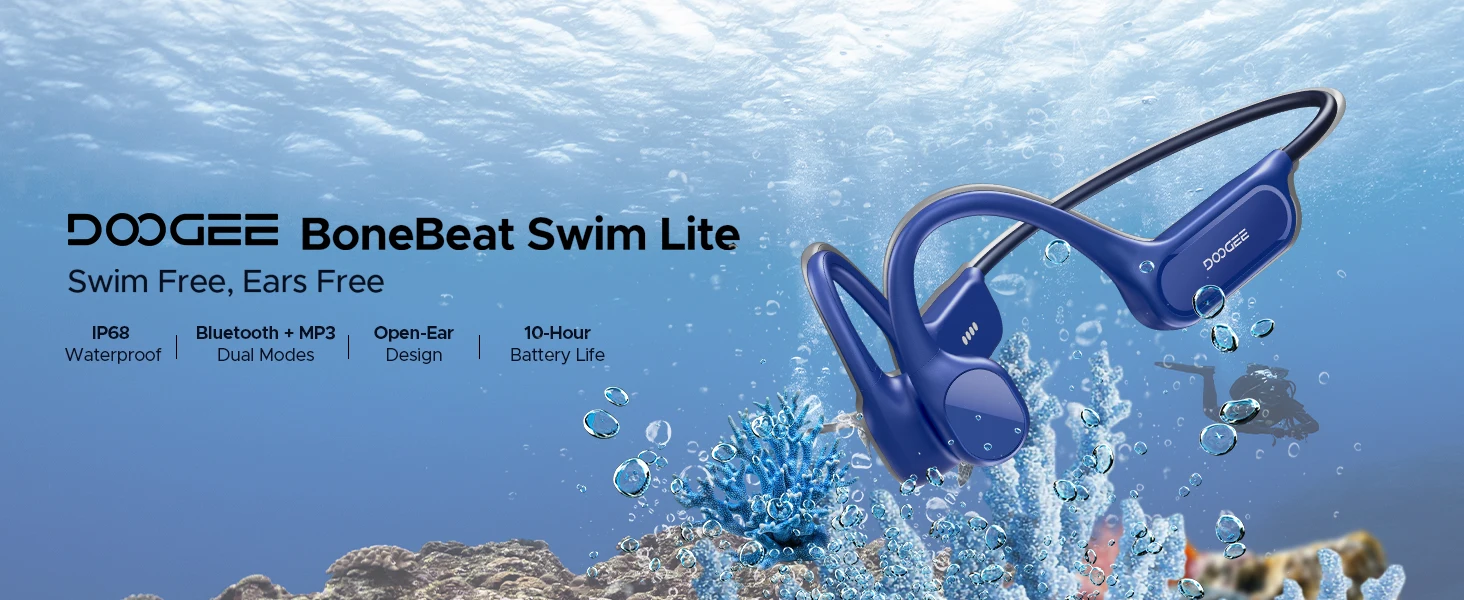 DOOGEE BoneBeat Swim Lite Bone Conduction Sports Headphones Wireless Bluetooth 5.4 Headset IP68 Waterproof With Microphone 32GB