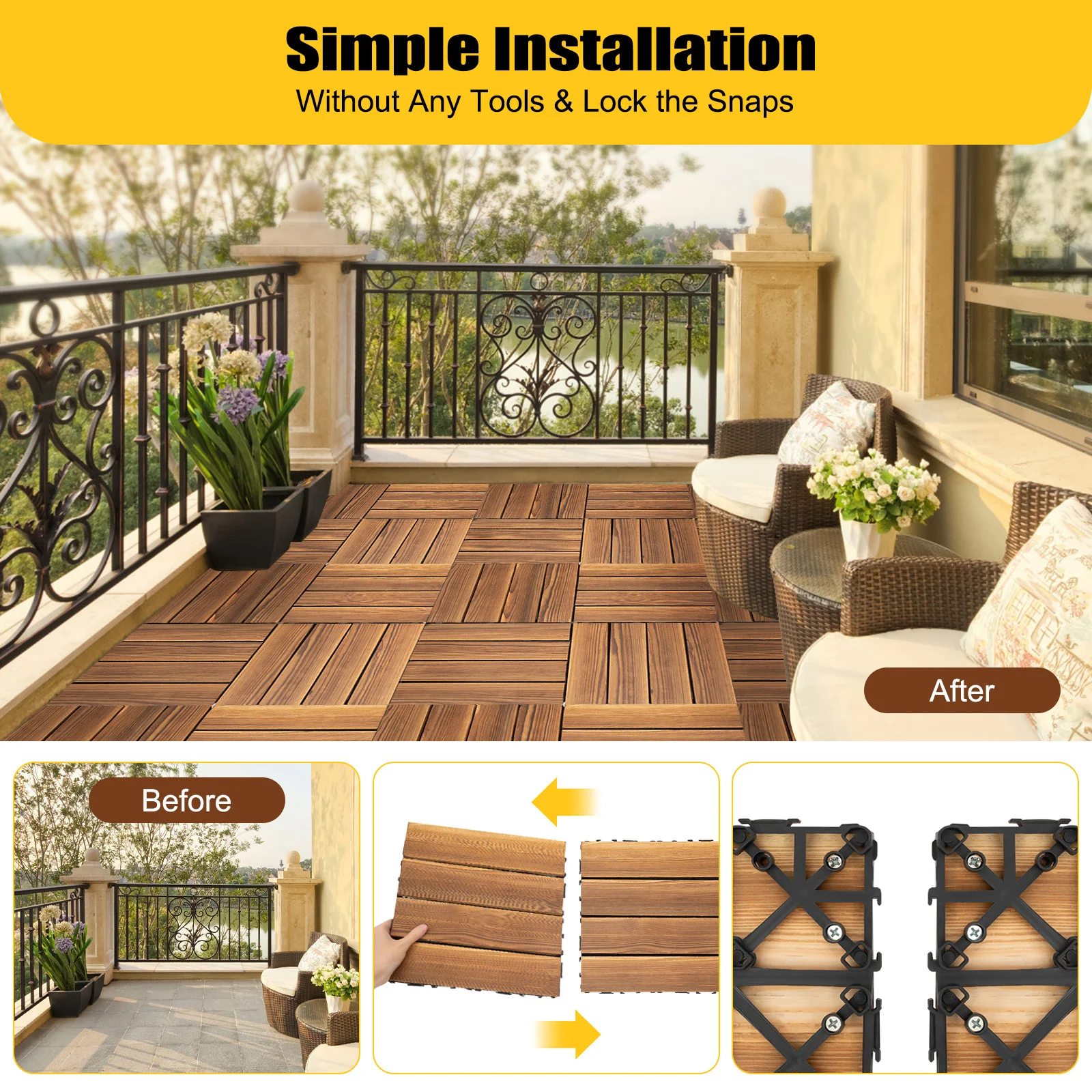 36Pcs 30*30CM Wood Flooring Tiles Camphor Pine Wood Hardwood Interlocking Patio Deck Tiles