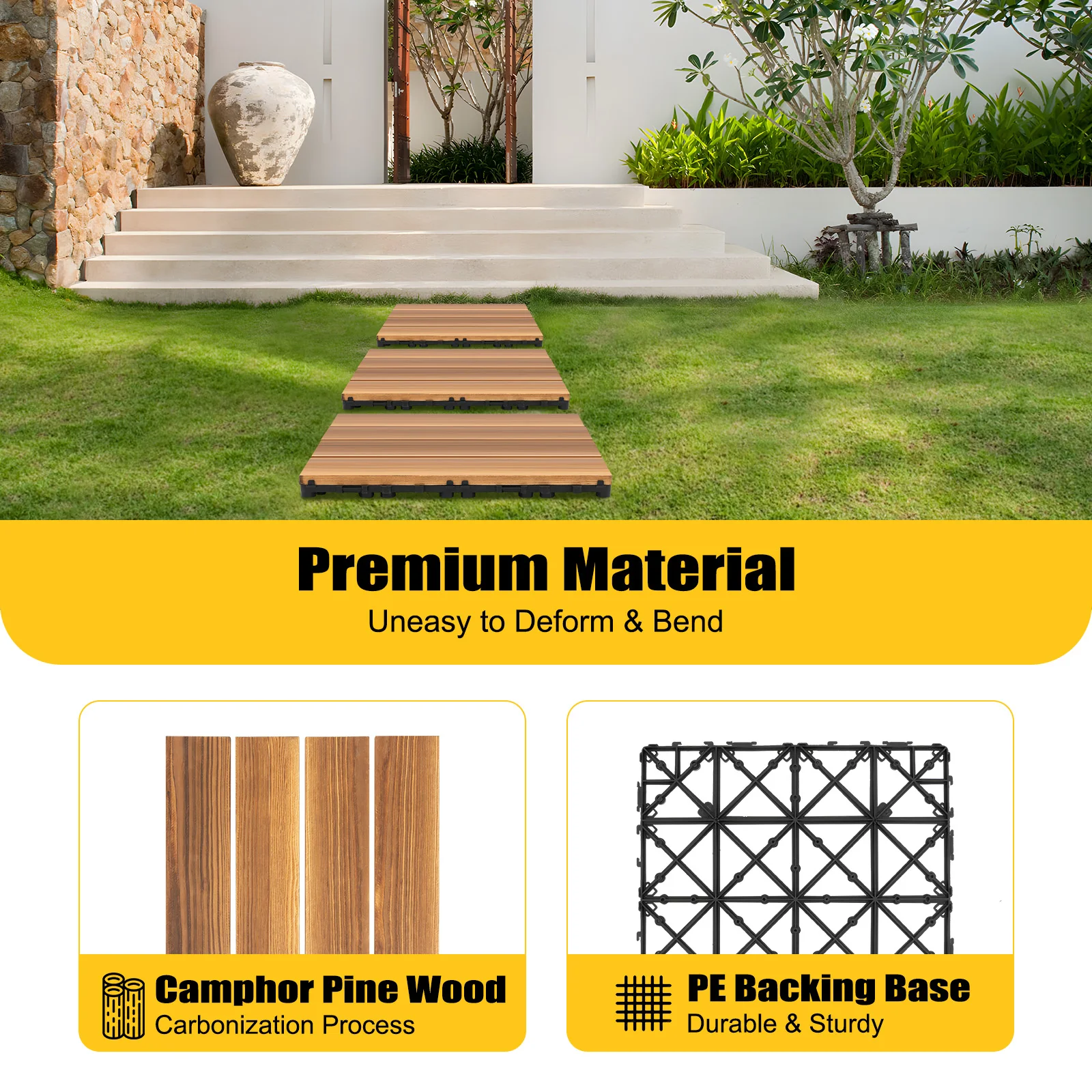 36Pcs 30*30CM Wood Flooring Tiles Camphor Pine Wood Hardwood Interlocking Patio Deck Tiles