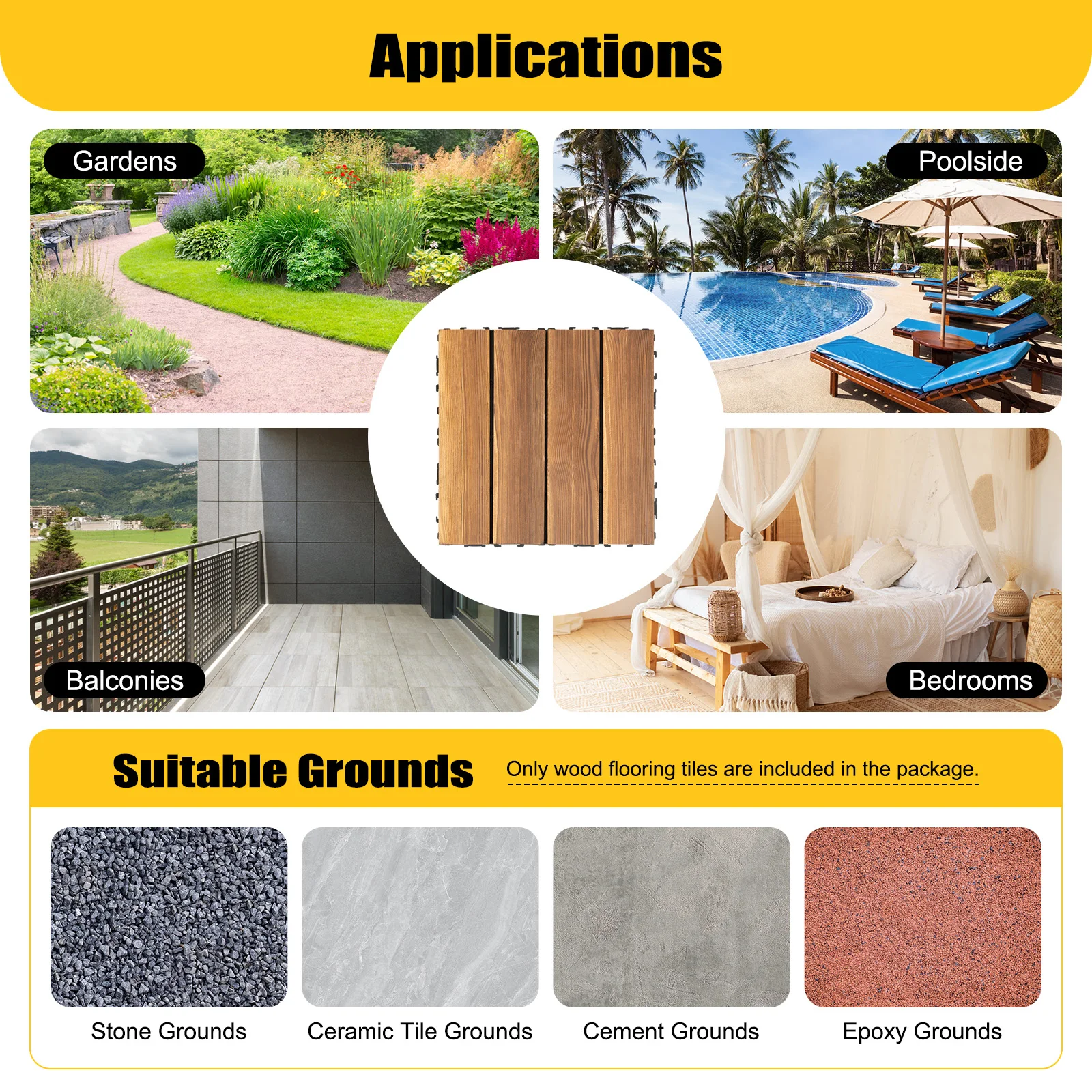 36Pcs 30*30CM Wood Flooring Tiles Camphor Pine Wood Hardwood Interlocking Patio Deck Tiles