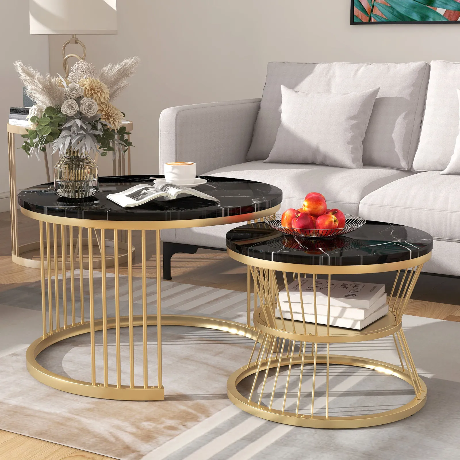 Anajqaqia Coffee Table, Set of 2, Modern Nesting Coffee Table, Living Room Table, Sofa Table, Metal Frame, Round, Black