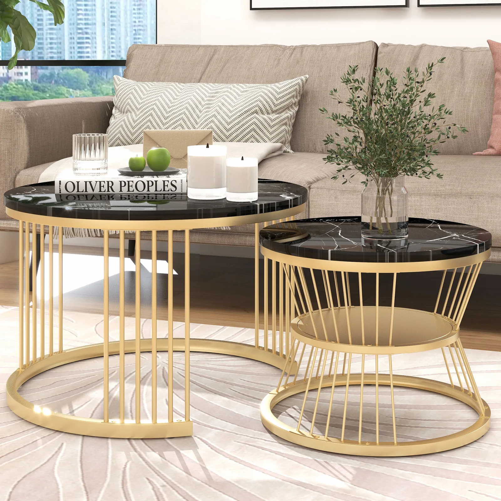Anajqaqia Coffee Table, Set of 2, Modern Nesting Coffee Table, Living Room Table, Sofa Table, Metal Frame, Round, Black