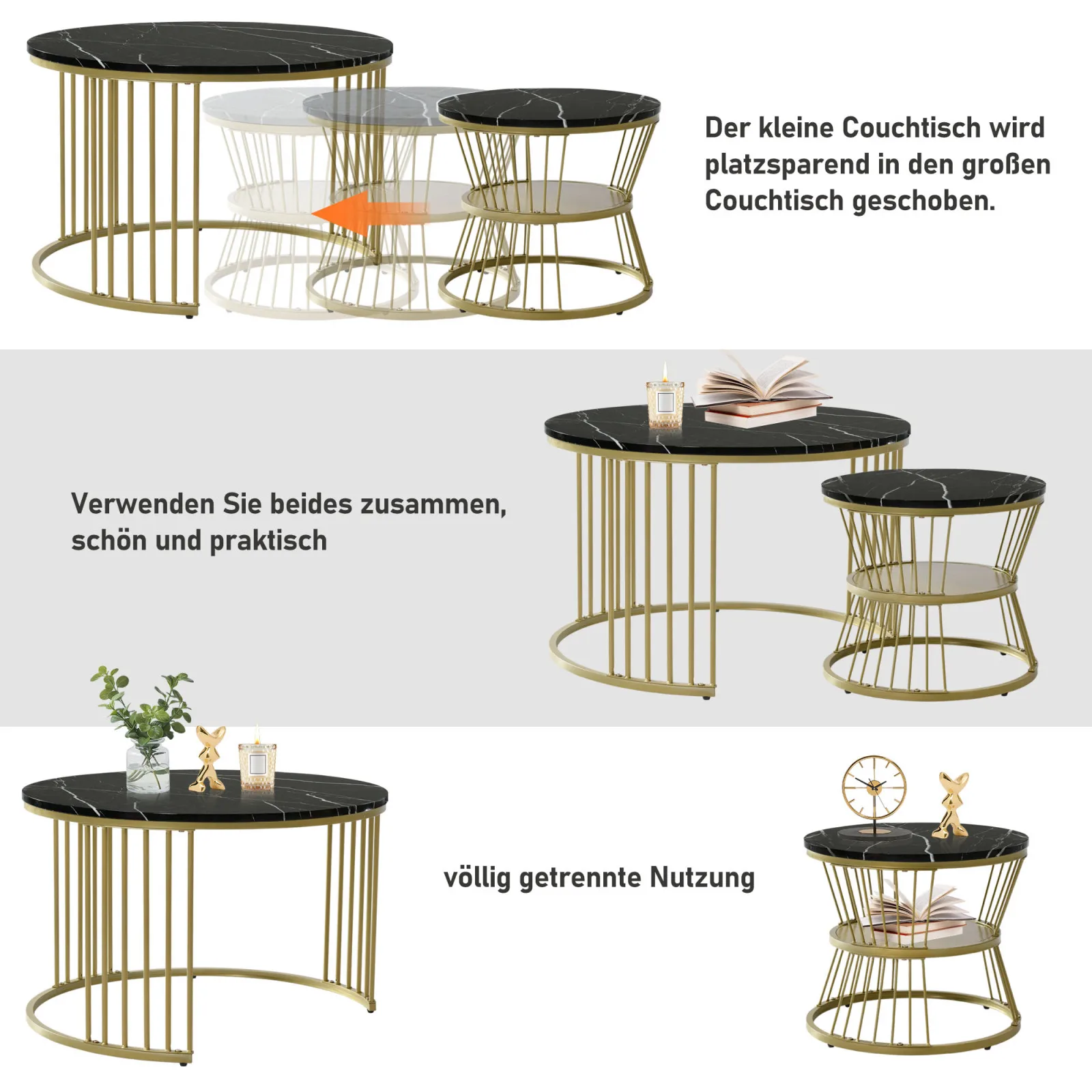 Anajqaqia Coffee Table, Set of 2, Modern Nesting Coffee Table, Living Room Table, Sofa Table, Metal Frame, Round, Black