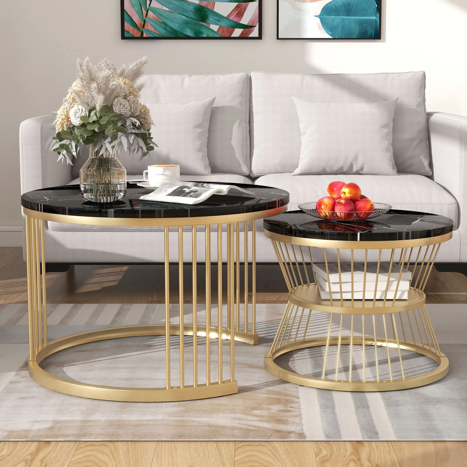 Anajqaqia Coffee Table, Set of 2, Modern Nesting Coffee Table, Living Room Table, Sofa Table, Metal Frame, Round, Black