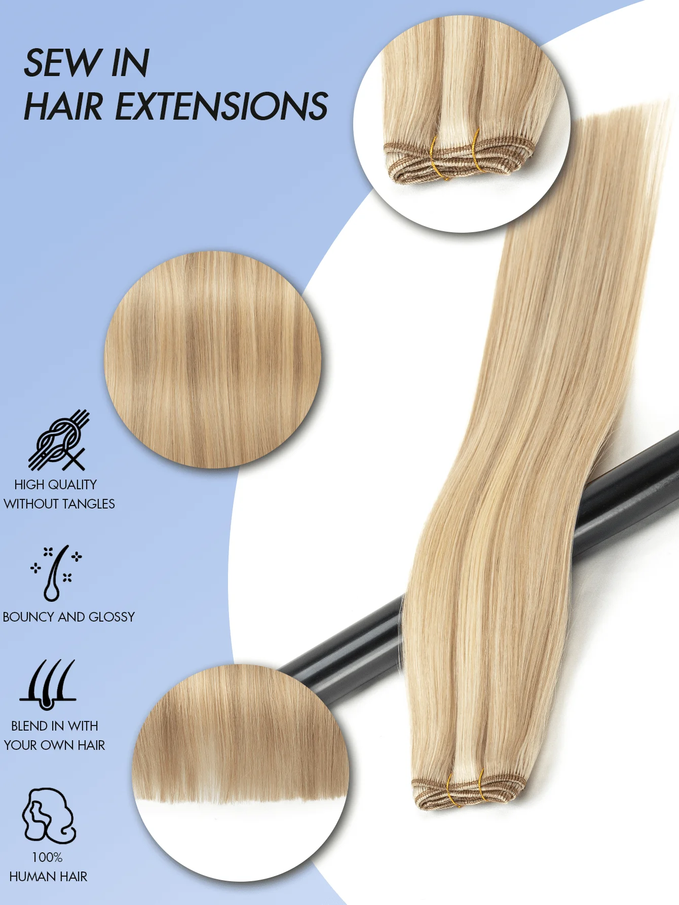 Double Sew-In Weft Bundles-Real Human Hair Extensions , Natural Look & Feel, Seamless Blending, Compatible with All Hair Types