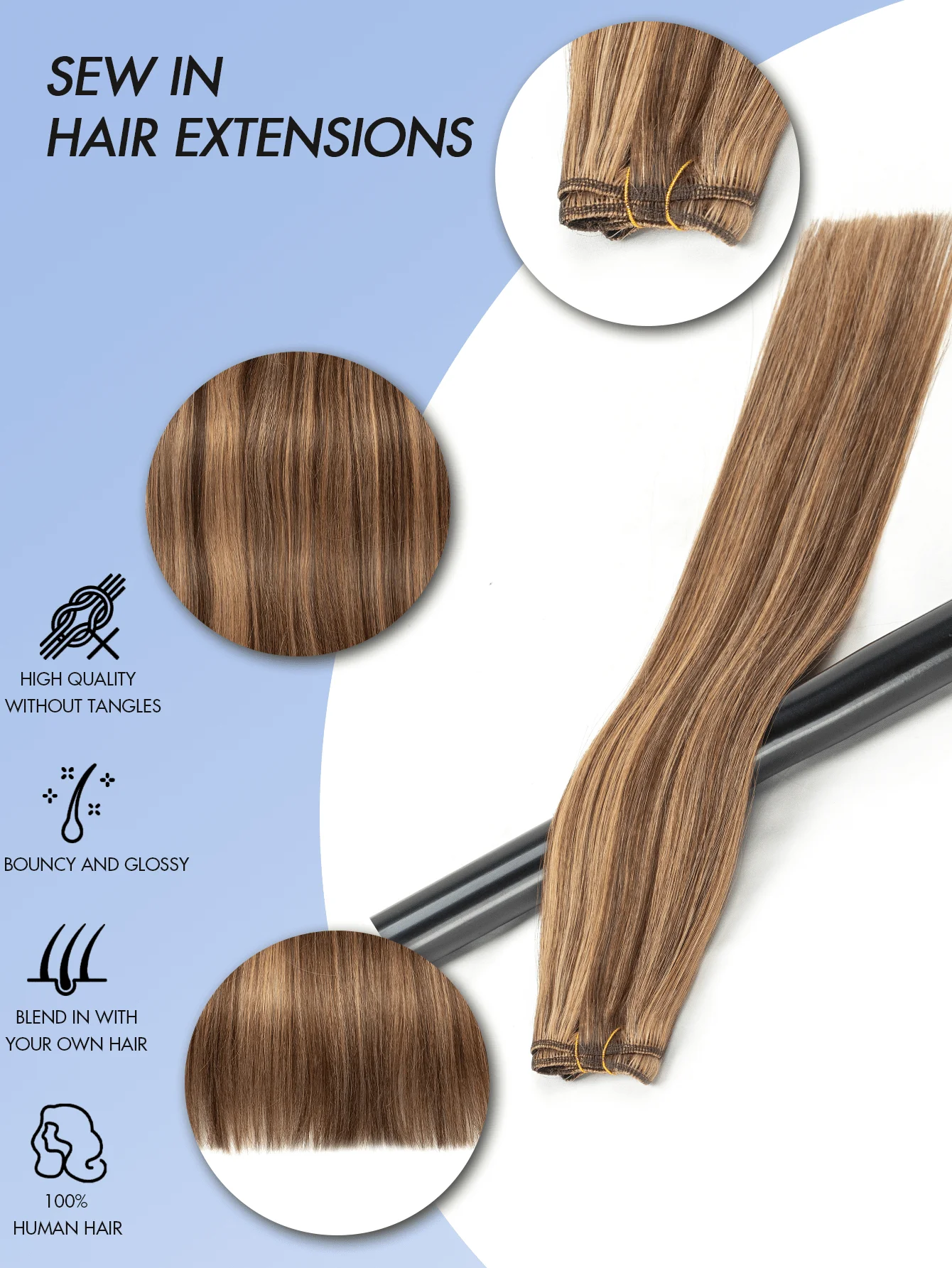 Double Sew-In Weft Bundles-Real Human Hair Extensions , Natural Look & Feel, Seamless Blending, Compatible with All Hair Types