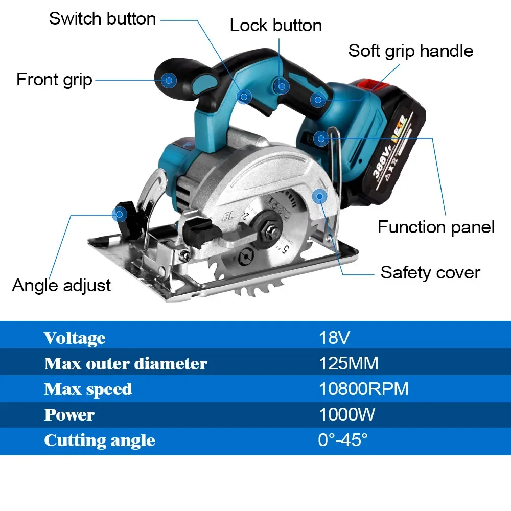 1000W 5-inch Brushless Electric Circular Saw 0-45° Adjustable Cutting Angle Suitable for Woodworking Tool Handheld Wood Saw