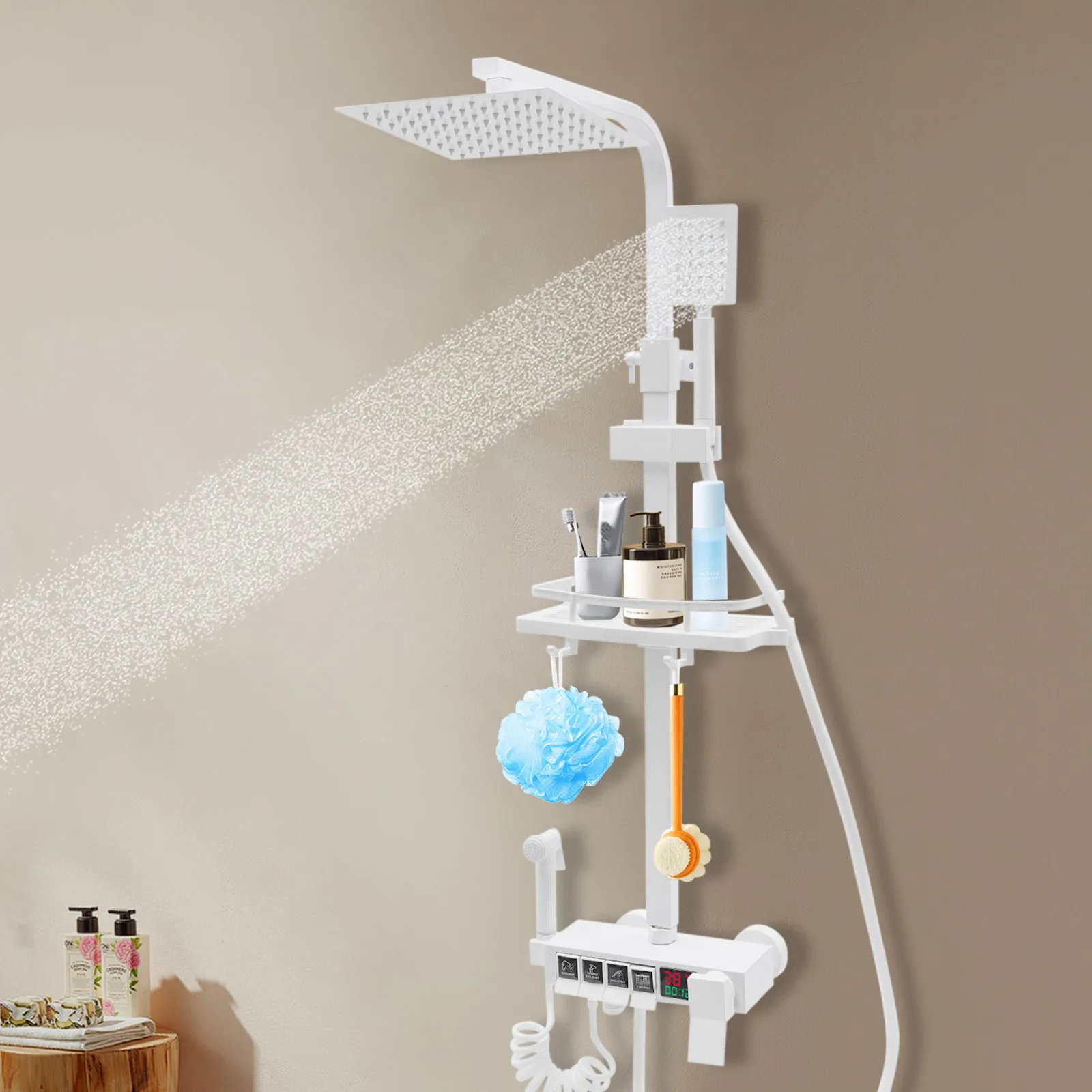 Led Display Rain Shower System White Wall Mounted Shower Panel Kit 10-100 ℃ /50-212 ℉
