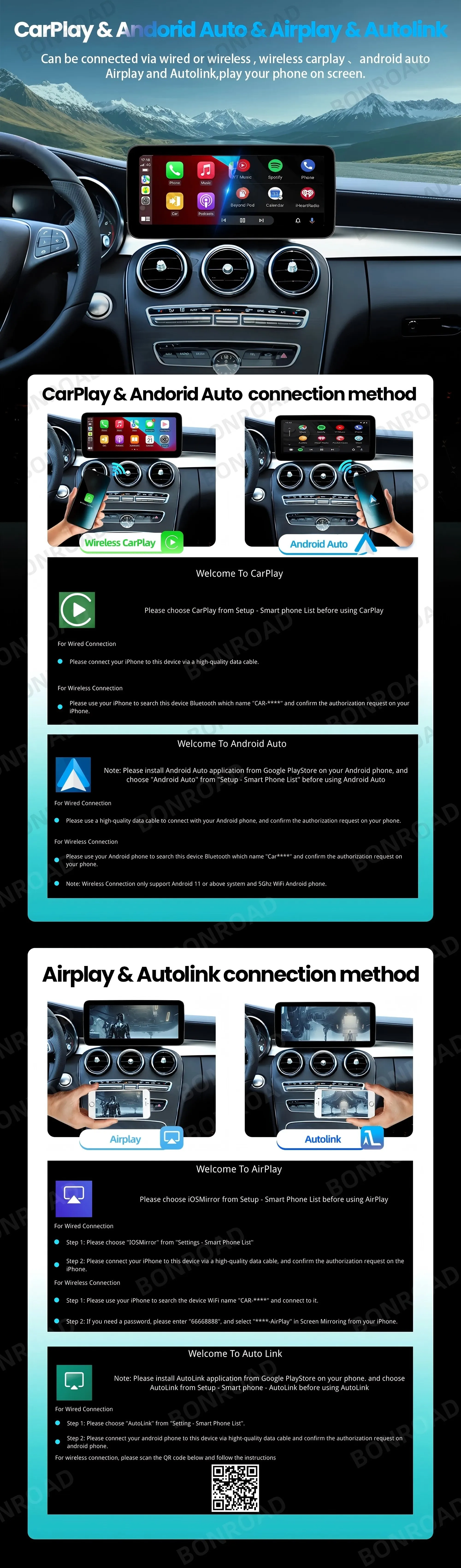 BONROAD 10.25 12.3 1920*720 2400*900 Wireless CarPlay Car Multimedia Linux Touch Screen For Mercedes Benz W205 GLC A C V Class W447 Android Auto Mirroring Airplay Autolink GPS Stereo Navigation