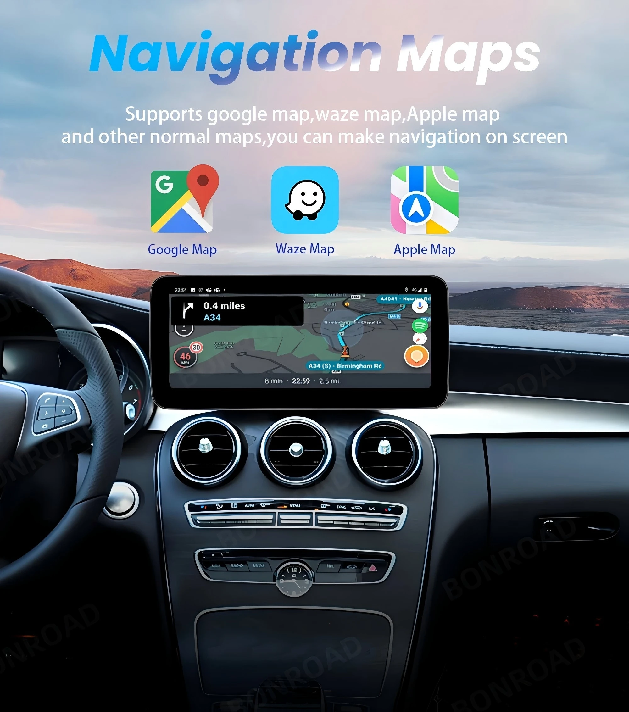BONROAD 10.25 12.3 1920*720 2400*900 Wireless CarPlay Car Multimedia Linux Touch Screen For Mercedes Benz W205 GLC A C V Class W447 Android Auto Mirroring Airplay Autolink GPS Stereo Navigation