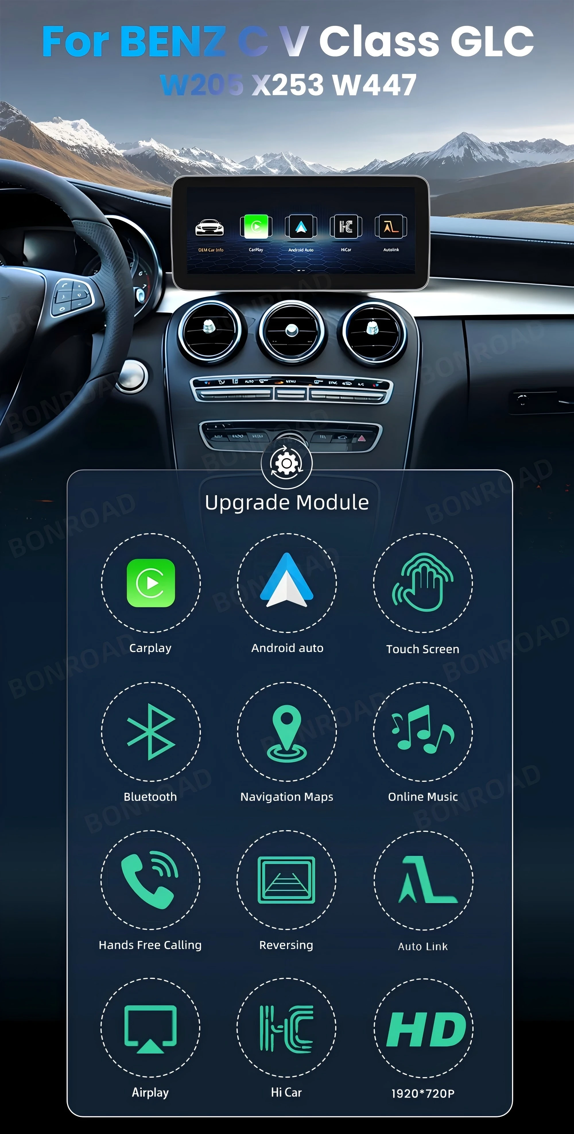 BONROAD 10.25 12.3 1920*720 2400*900 Wireless CarPlay Car Multimedia Linux Touch Screen For Mercedes Benz W205 GLC A C V Class W447 Android Auto Mirroring Airplay Autolink GPS Stereo Navigation