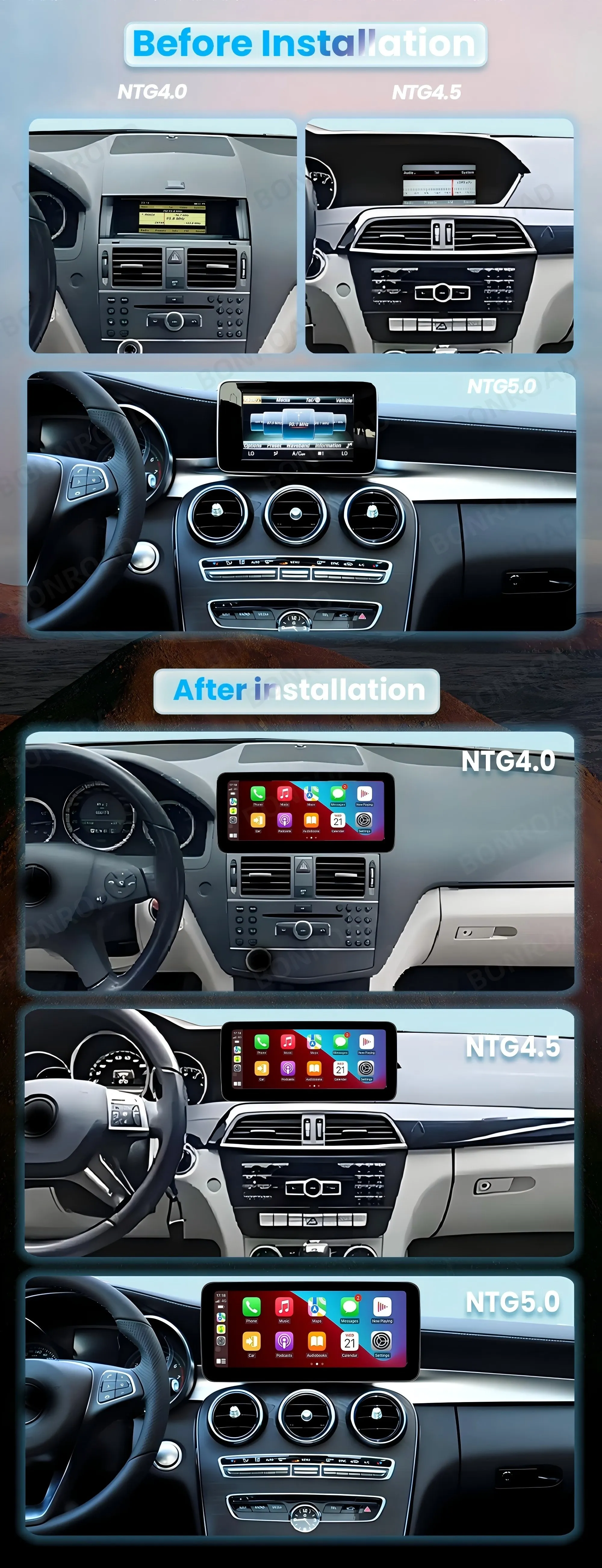 BONROAD 10.25 12.3 1920*720 2400*900 Wireless CarPlay Car Multimedia Linux Touch Screen For Mercedes Benz W205 GLC A C V Class W447 Android Auto Mirroring Airplay Autolink GPS Stereo Navigation