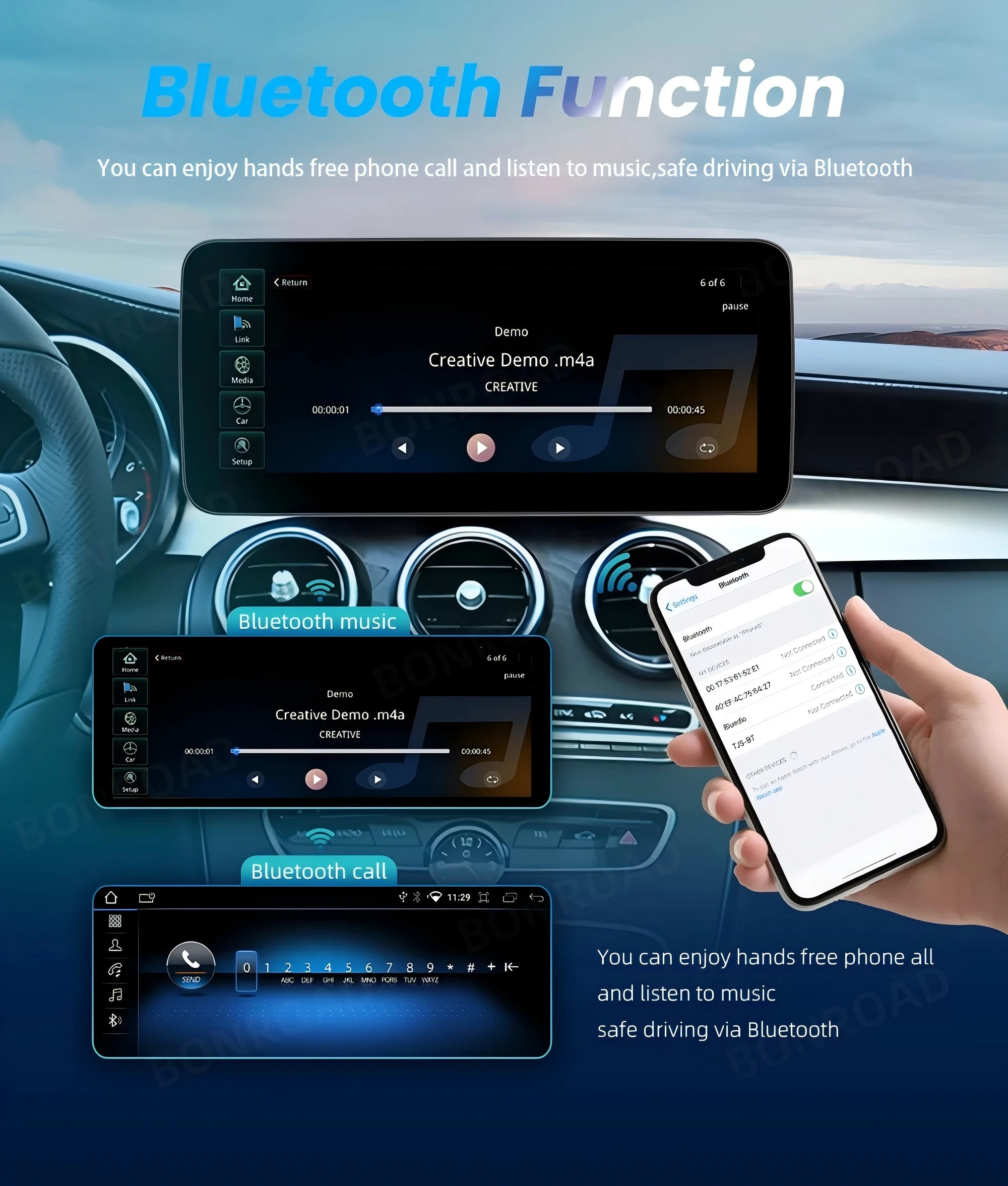 BONROAD 10.25 12.3 1920*720 2400*900 Wireless CarPlay Car Multimedia Linux Touch Screen For Mercedes Benz W205 GLC A C V Class W447 Android Auto Mirroring Airplay Autolink GPS Stereo Navigation