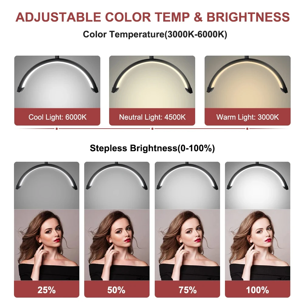 OWJHE 20W Floor LED Video Light Half-moon Shaped Fill Light 3000K-6000K Dimmable with Adjustable Metal Light Stand Phone Holder