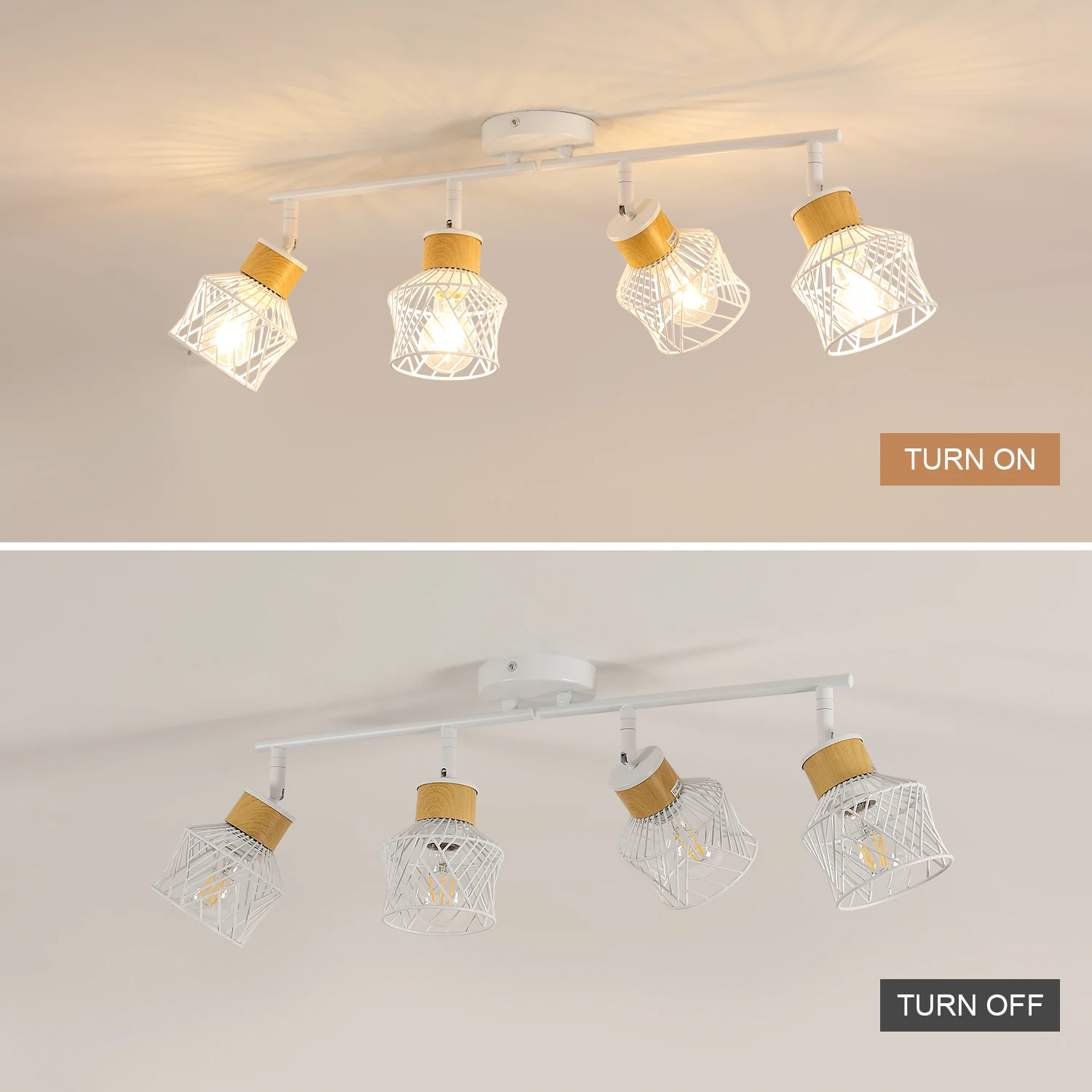Industrial 4 Way White Ceiling Spotlights E27 Base Adjustable Angle Indoor Spot Light for Kitchen Living Room (NO Bulbs)