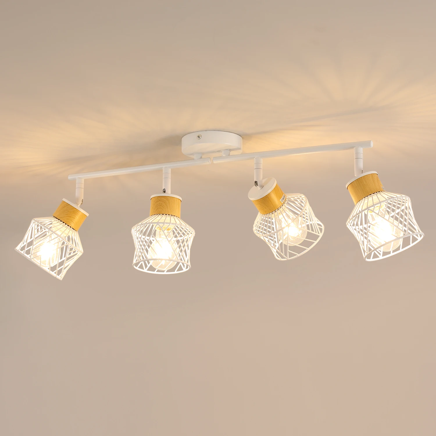 Industrial 4 Way White Ceiling Spotlights E27 Base Adjustable Angle Indoor Spot Light for Kitchen Living Room (NO Bulbs)